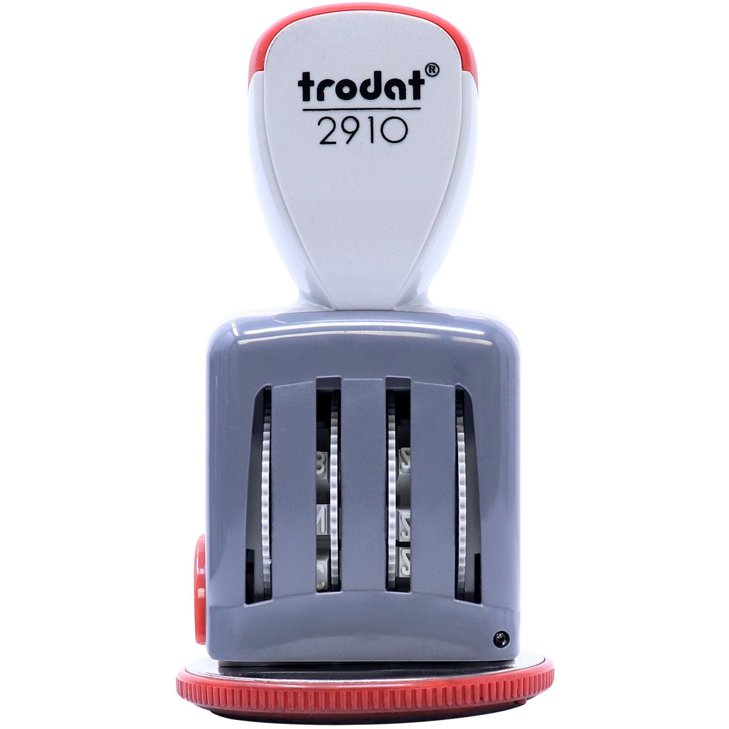 Trodat 2910 self-inking date stamp with adjustable number bands, office stamping tool on white background