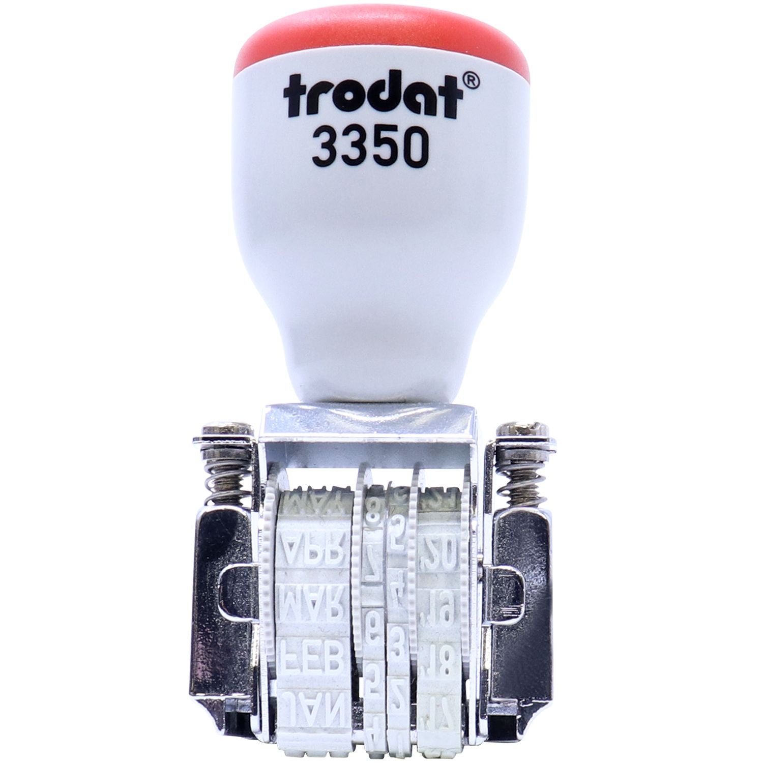 Trodat 3350 self-inking date stamp with adjustable calendar and month bands on a white background