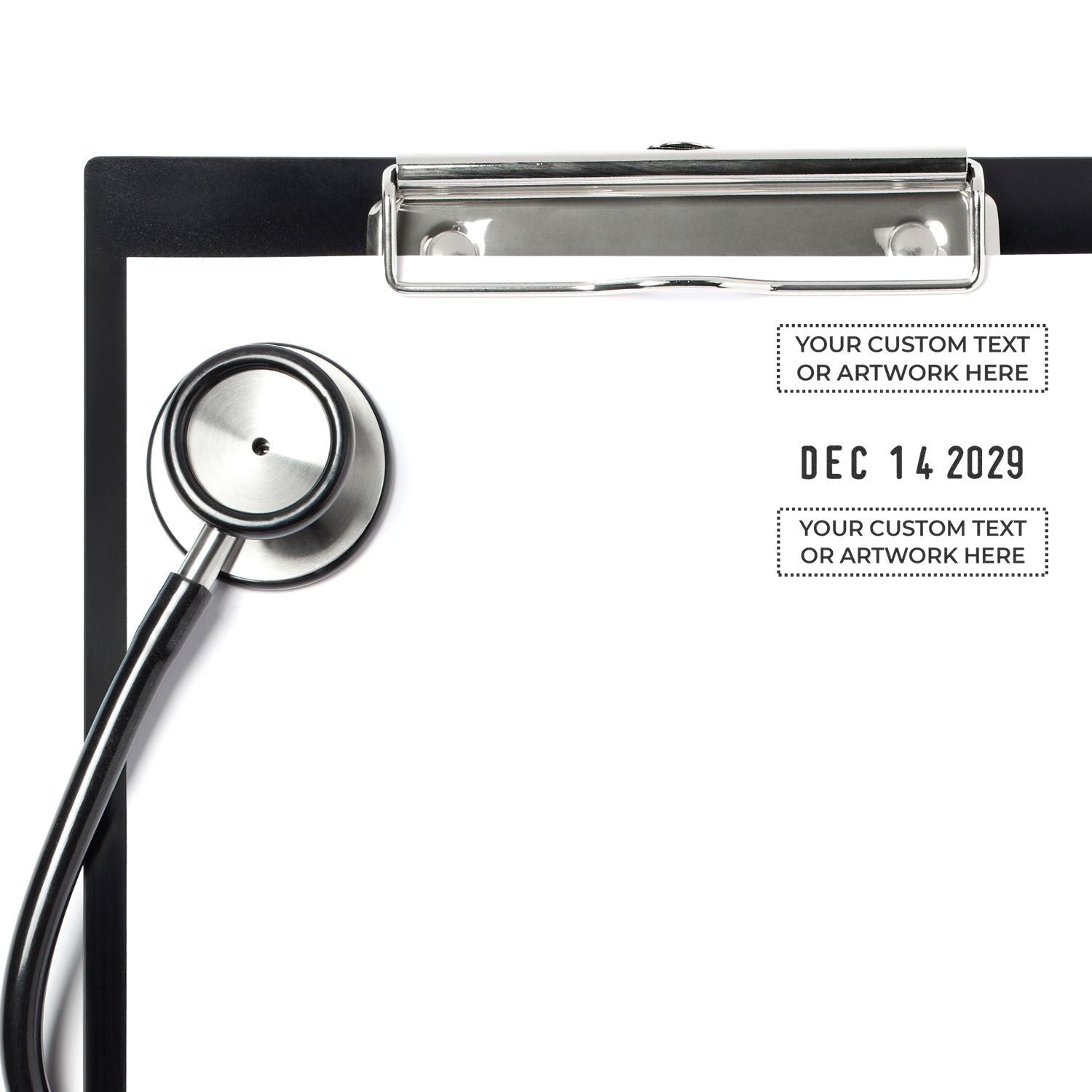 Stethoscope on a medical clipboard with customizable text and date template on white background.