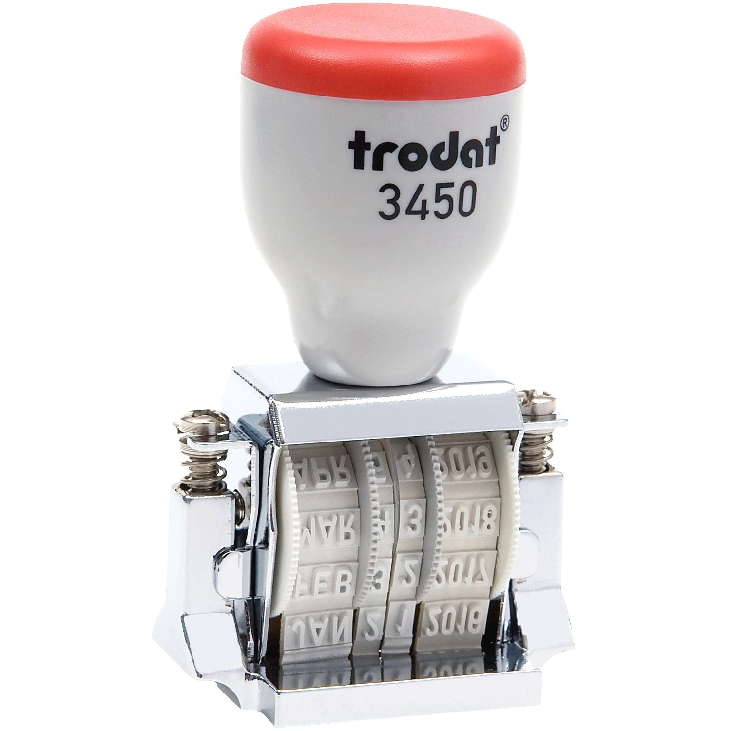 Trodat 3450 self-inking date stamp with red cap on white background
