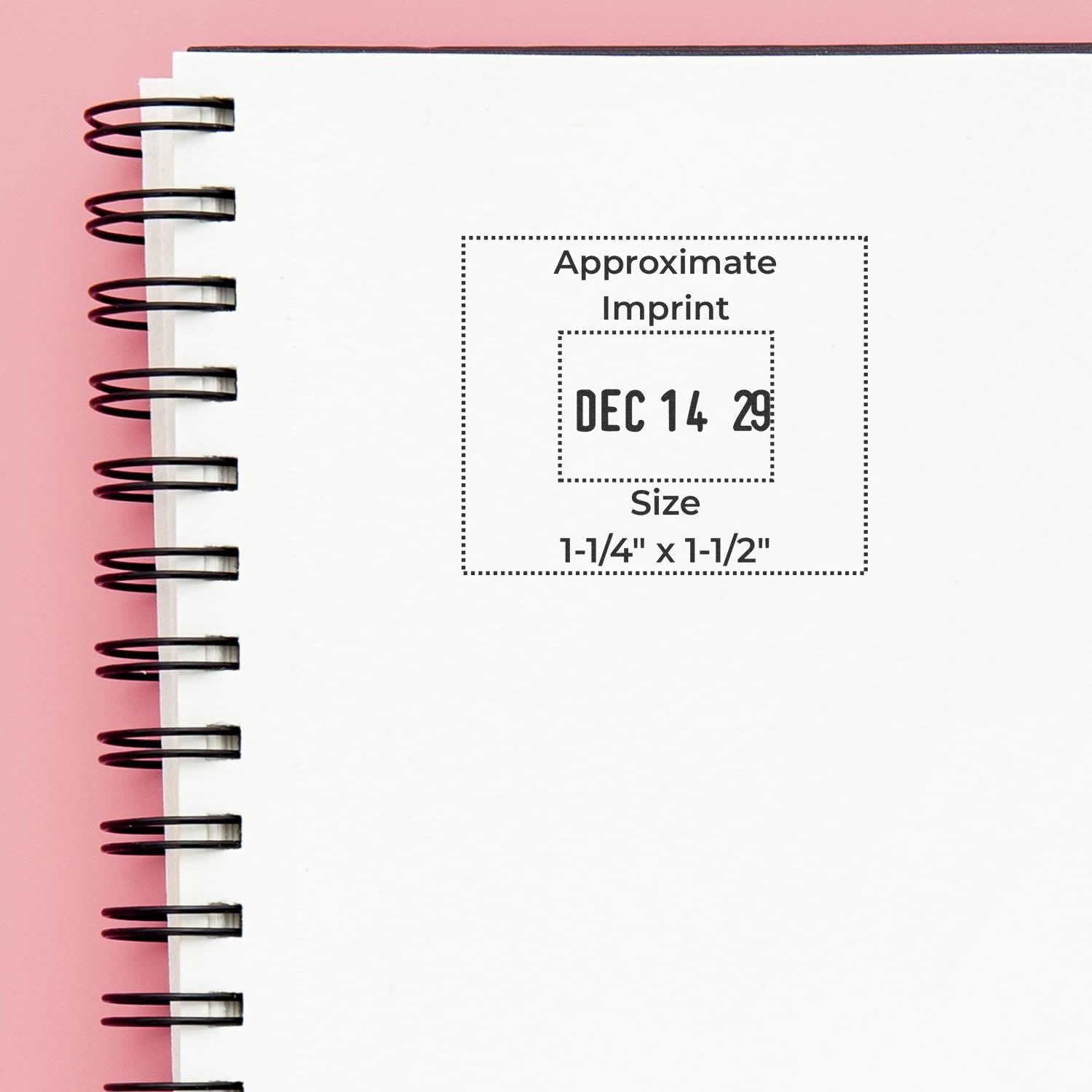 Spiral-bound notebook mockup with approximate imprint date stamp, white page on pink background, size 1-1/4" x 1-1/2".