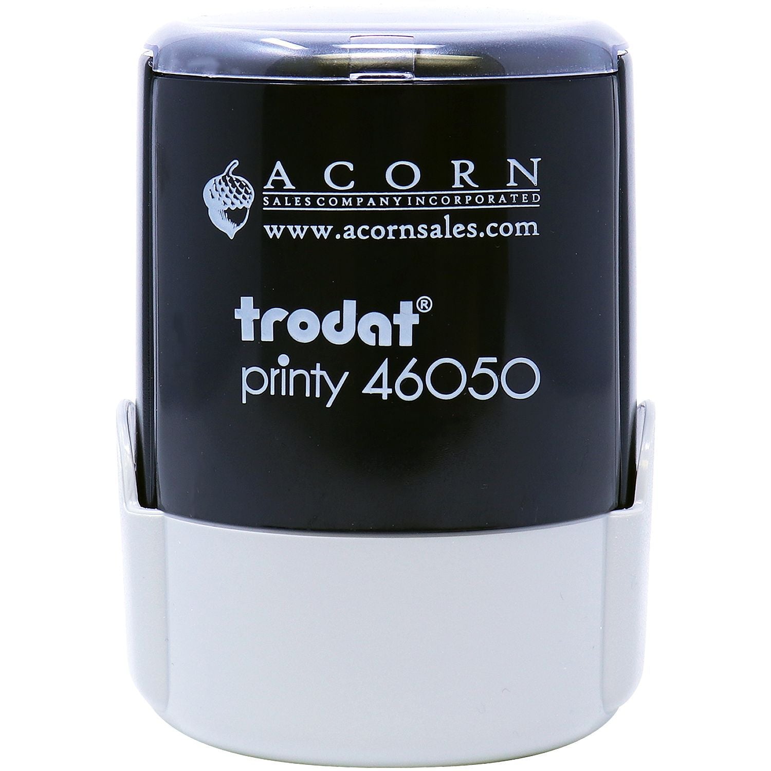 Acorn Sales Trodat Printy 46050 self-inking stamp with black and gray case on white background