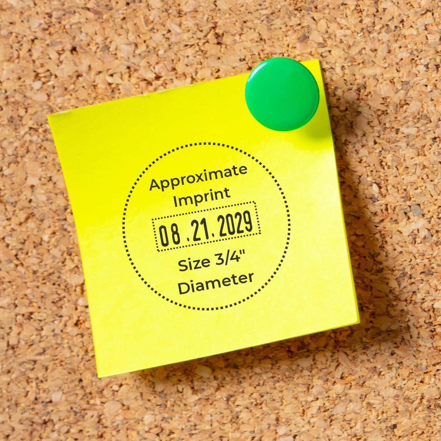 Yellow sticky note pinned to corkboard with green push pin, showing approximate imprint date and 3/4-inch diameter label.