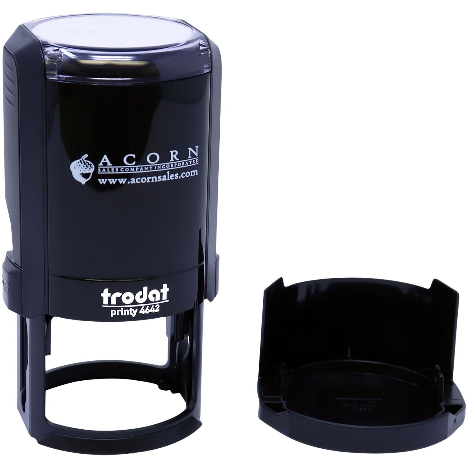 Black Trodat Printy 4642 self-inking stamp with Acorn Sales Company logo and protective cap.