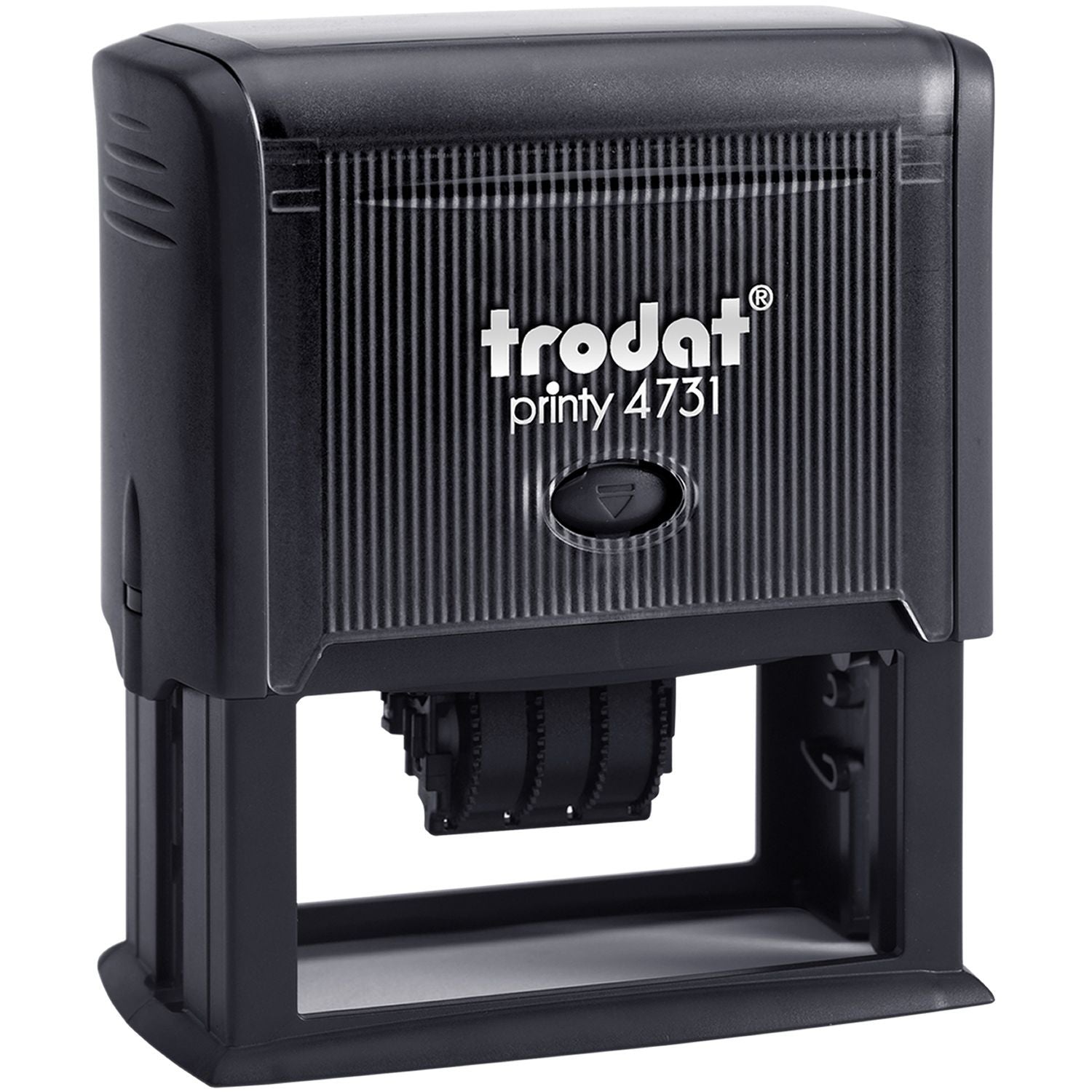 Trodat Printy 4731 self-inking rubber stamp in black plastic case, compact office date and text stamp.