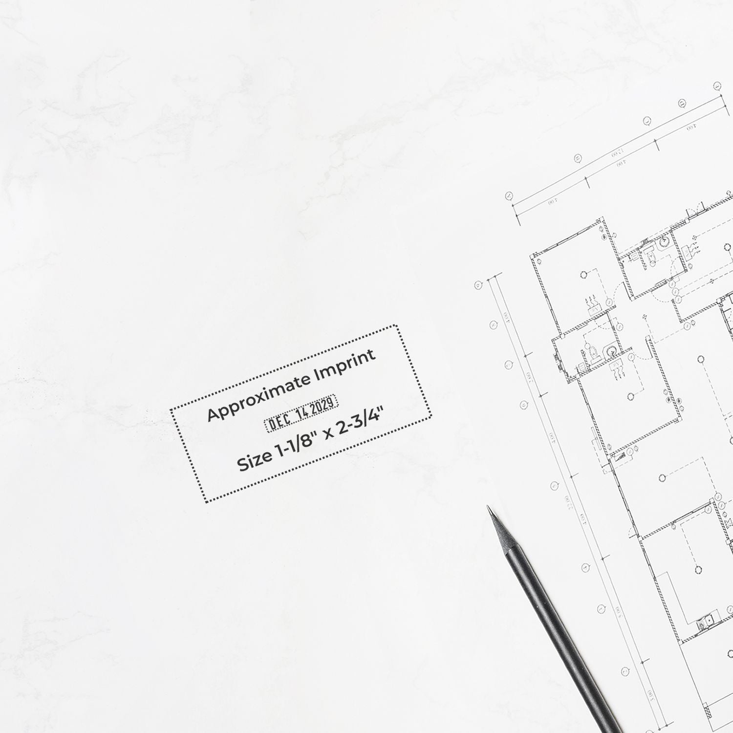 Architectural blueprint floor plan with pencil and approximate imprint size stamp on white background