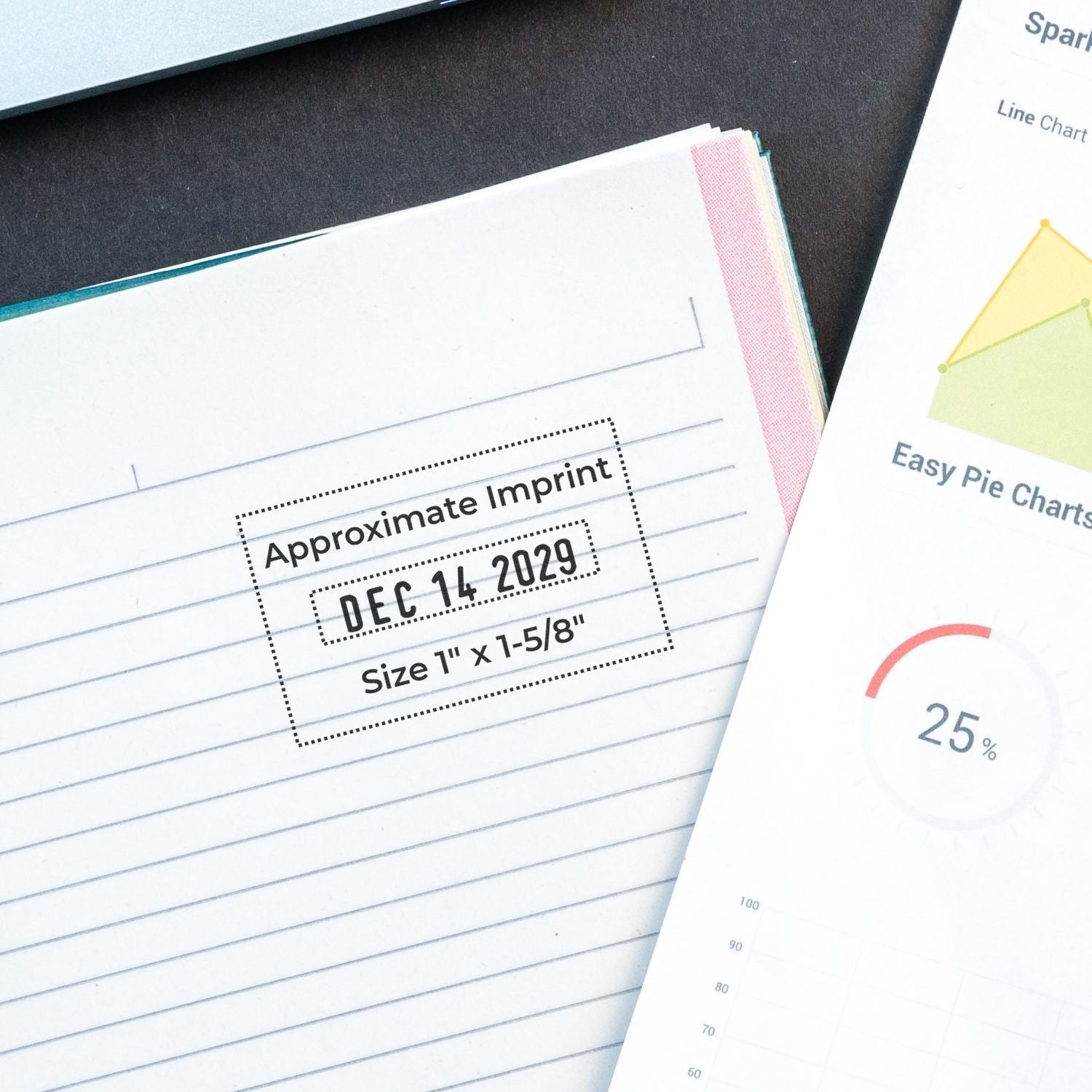 Lined notebook and planner pages with chart templates and approximate imprint date stamp for stationery layout mockup.