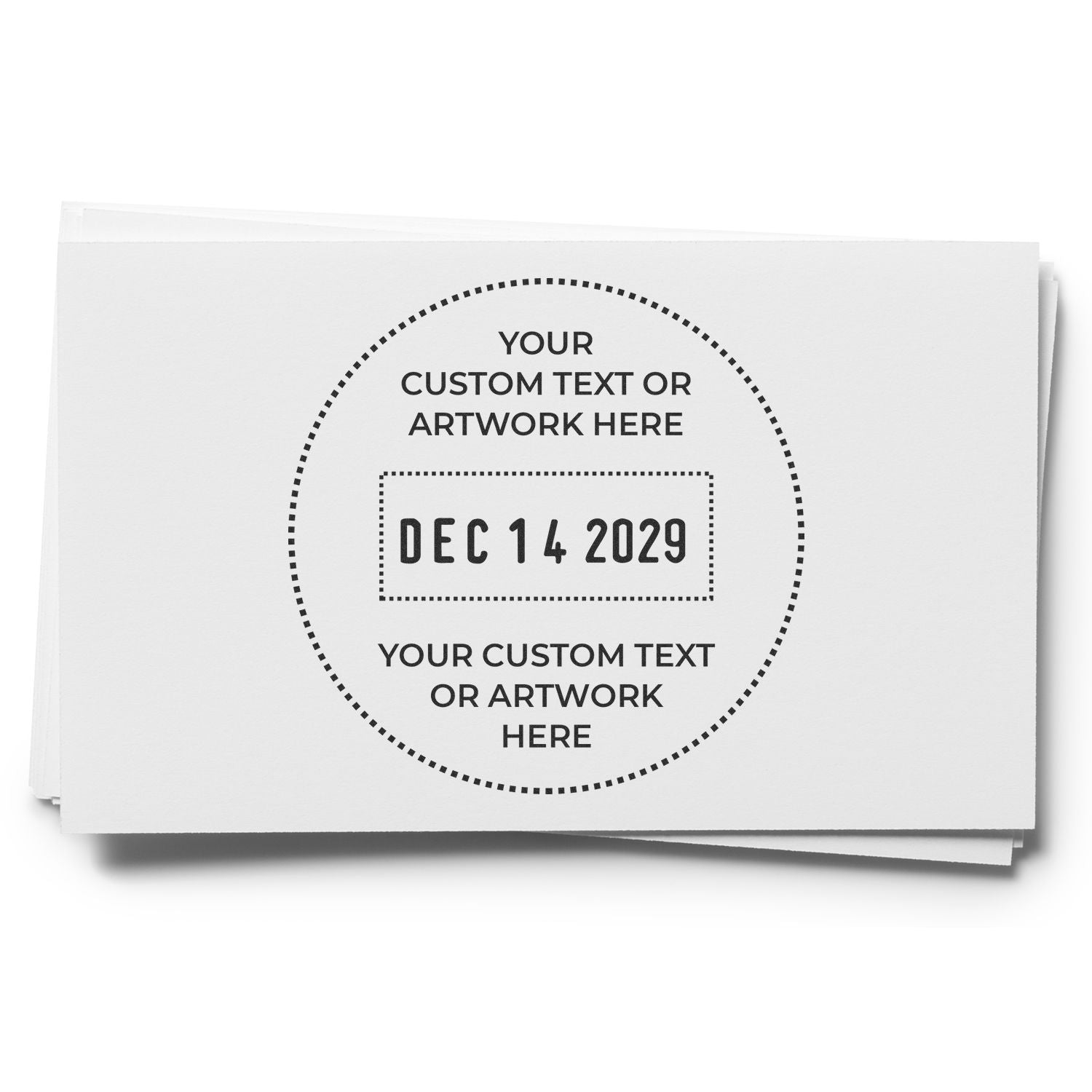 Minimalist custom printable card template with date Dec 14 2029, dotted circular design, and customizable text or artwork area.