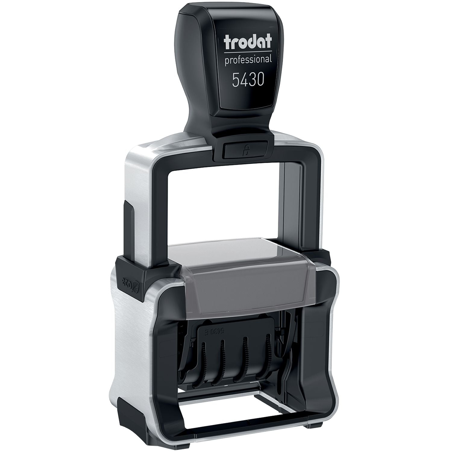 Trodat Professional 5430 self-inking date stamp with durable black and silver metal frame.