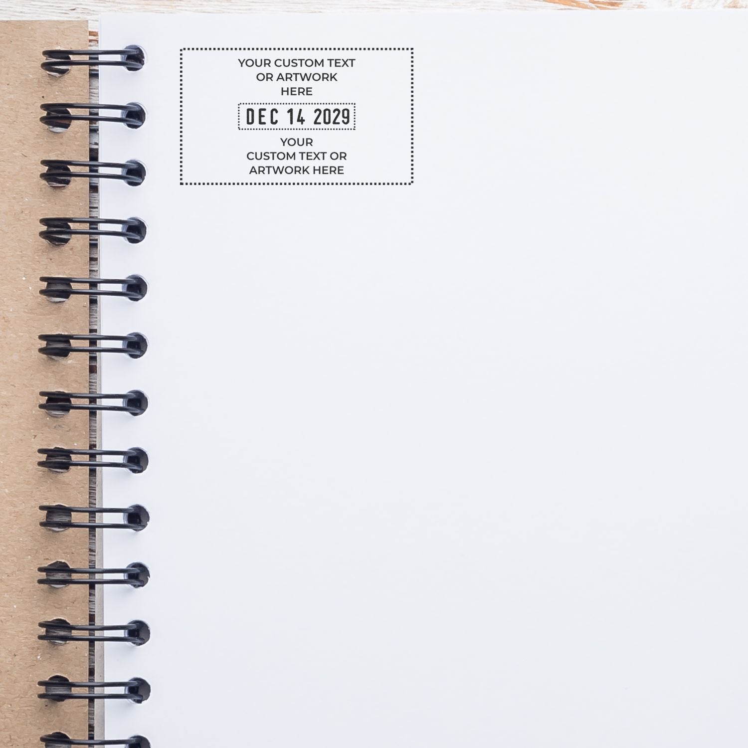 Blank spiral notebook page with custom text placeholder and date stamp, minimalist stationery template for personalized journal or planner design.
