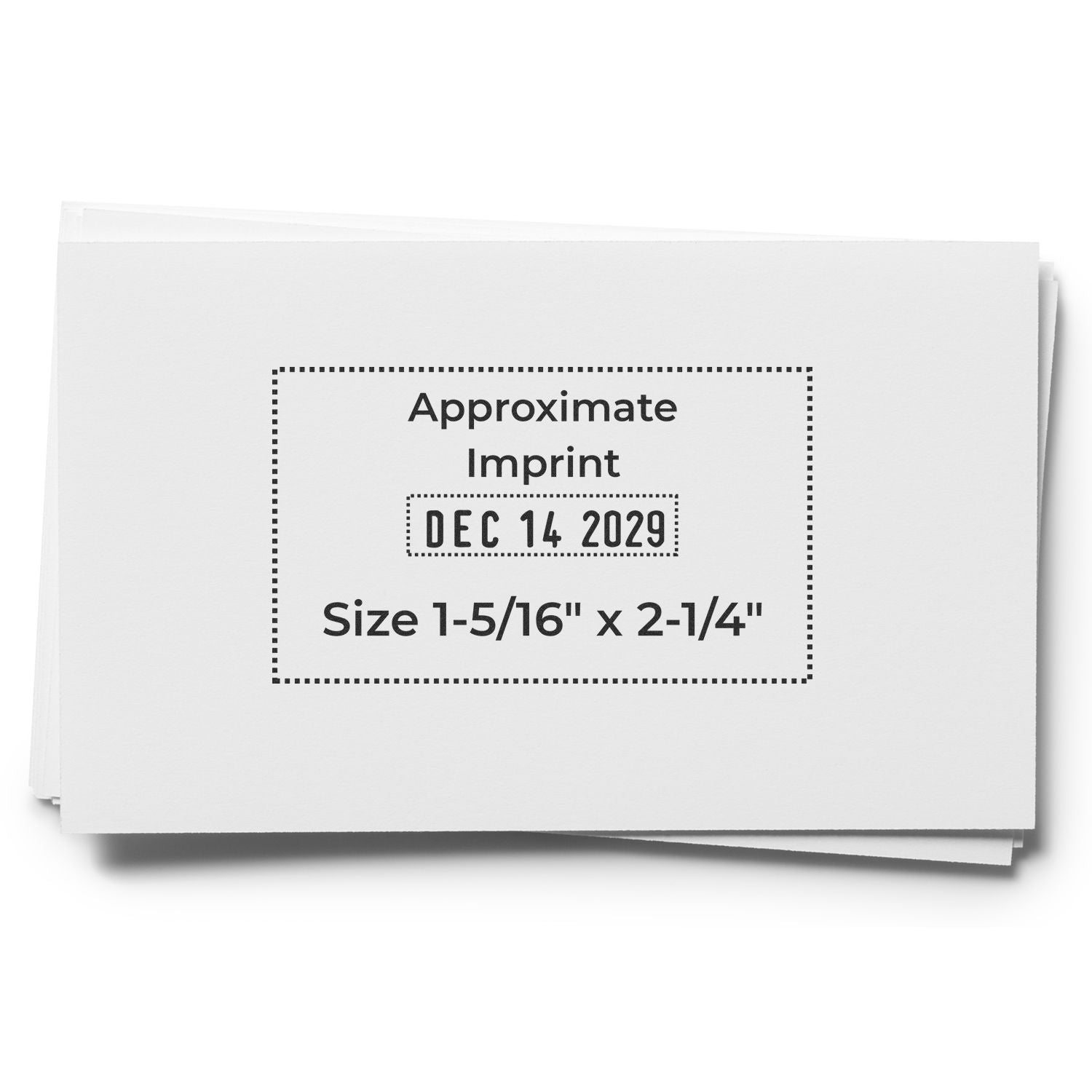 White business card mockup with approximate imprint date Dec 14 2029 and size 1-5/16" x 2-1/4" on a clean background.