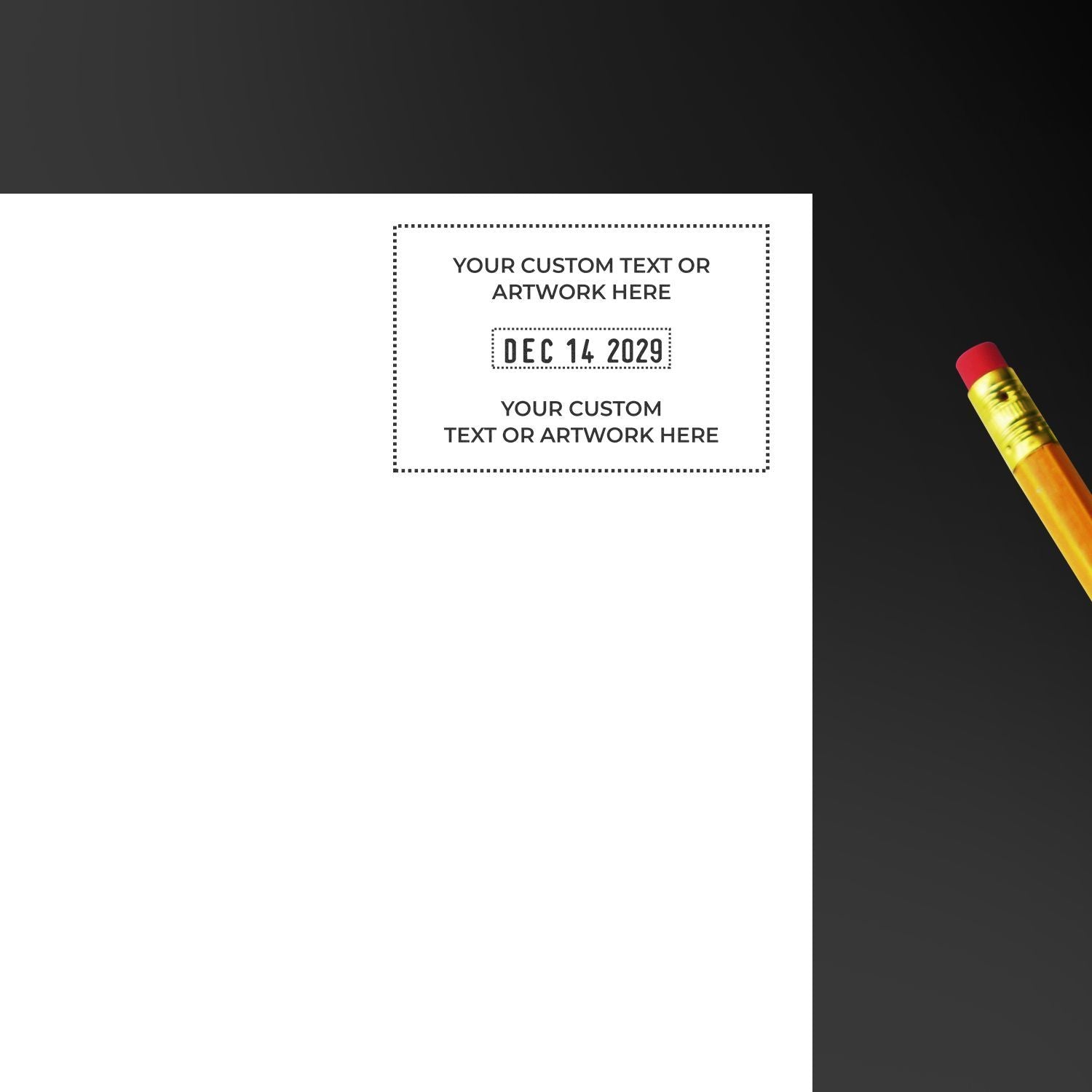 Printable custom text and artwork template mockup with pencil on dark background, personalized design layout with date placeholder.