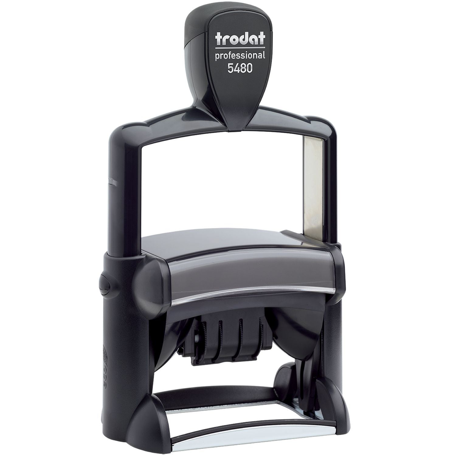 Trodat Professional 5480 self-inking date stamp in black, heavy-duty office rubber stamp on white background.