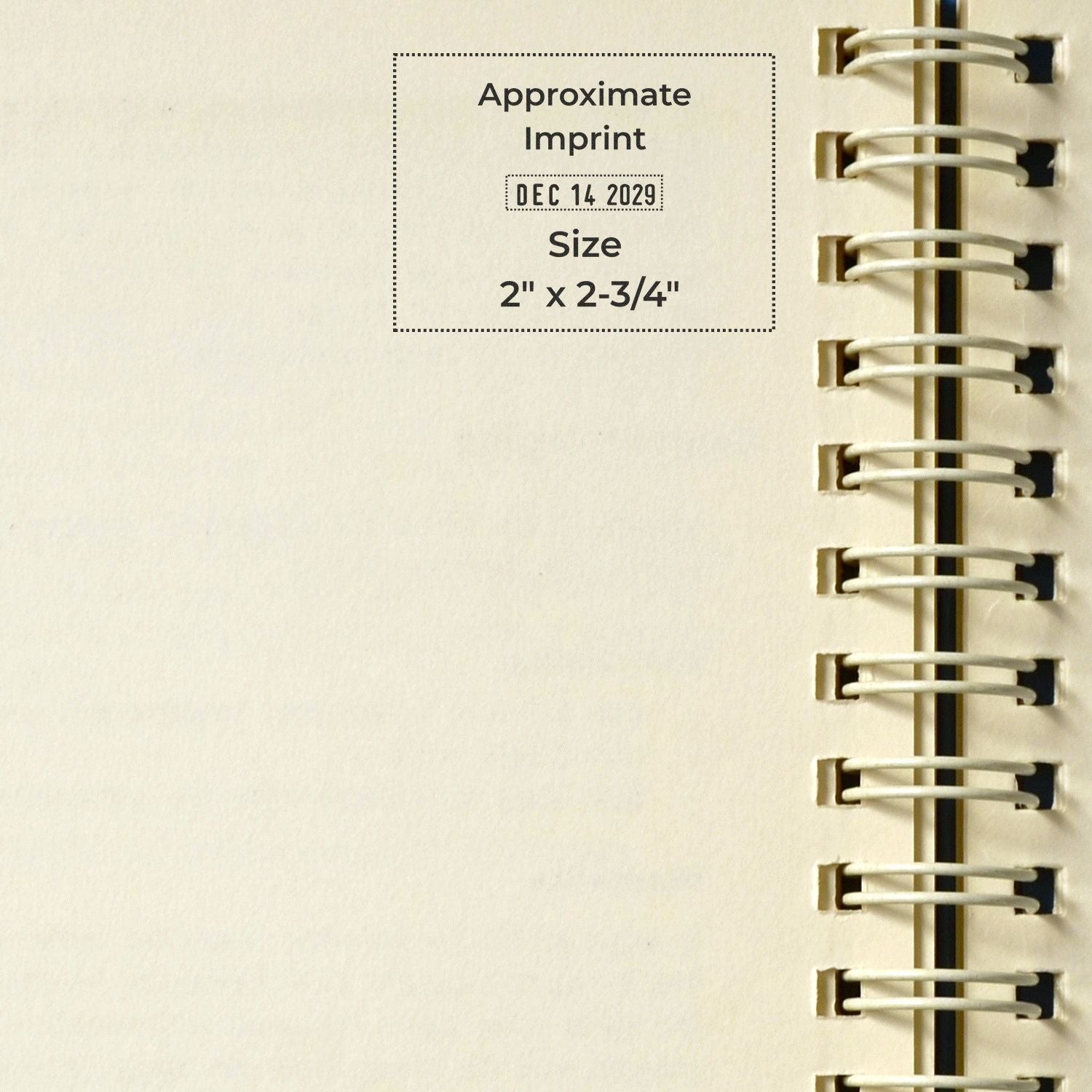 Blank spiral-bound notebook page with approximate imprint size 2 x 2-3/4 inches, dated Dec 14 2029.