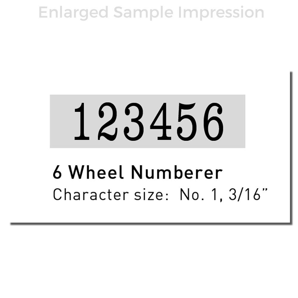6 wheel numberer stamp sample impression showing 123456, character size No. 1, 3/16 inch.