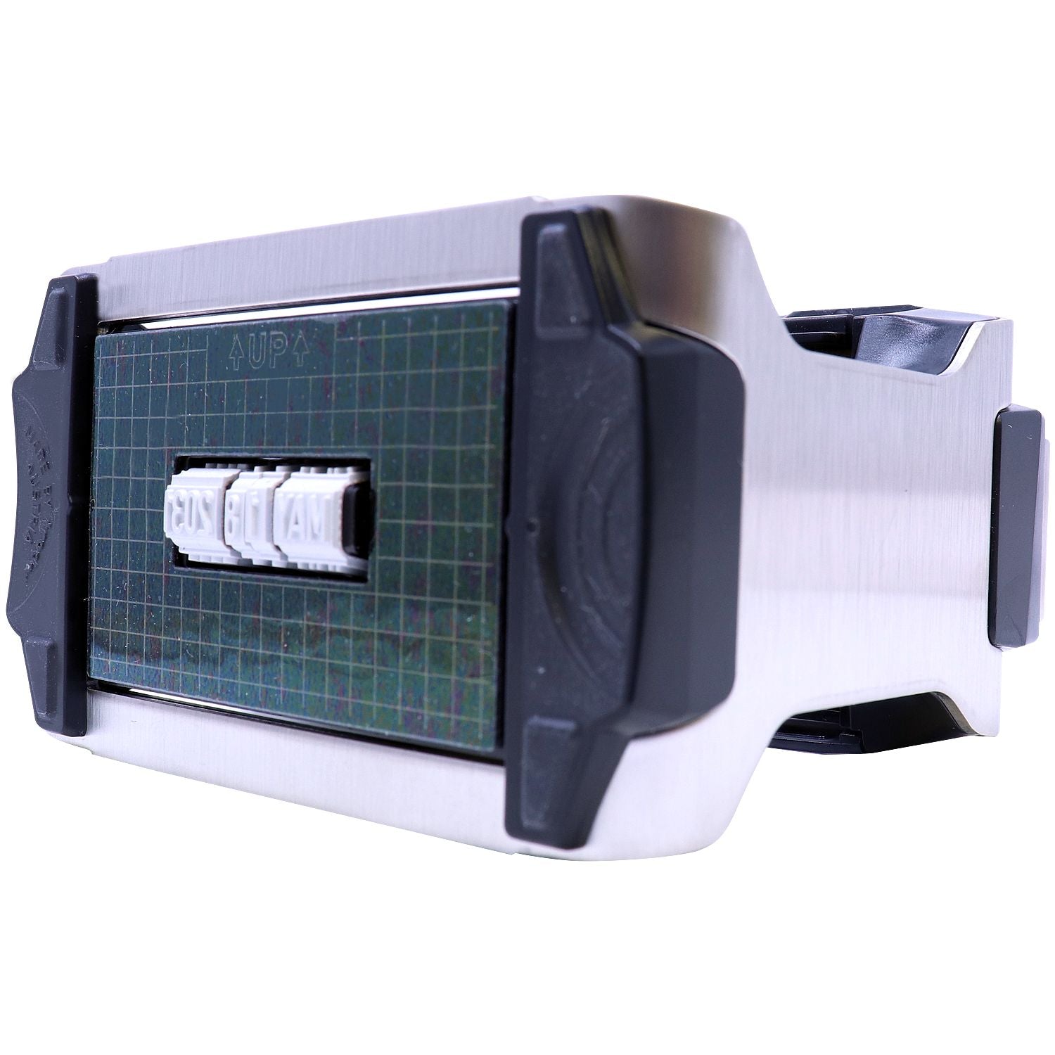 Heavy-duty self-inking date stamp with adjustable numbers and metal housing on a white background.
