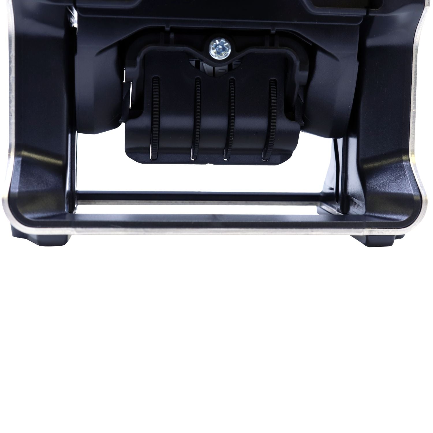Black plastic automotive mounting bracket with central adjustment mechanism on white background