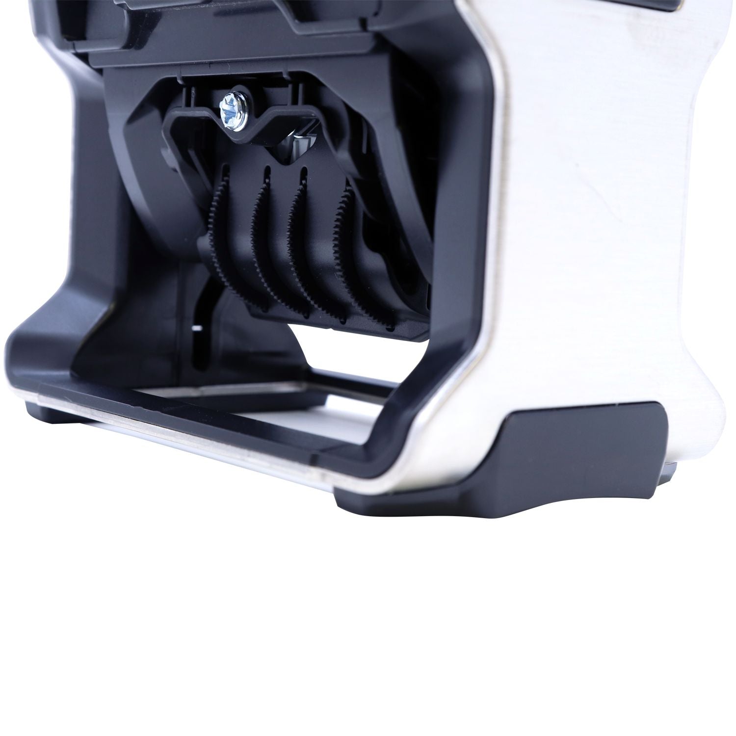 Close-up of an electric scooter folding mechanism with black and silver frame detail