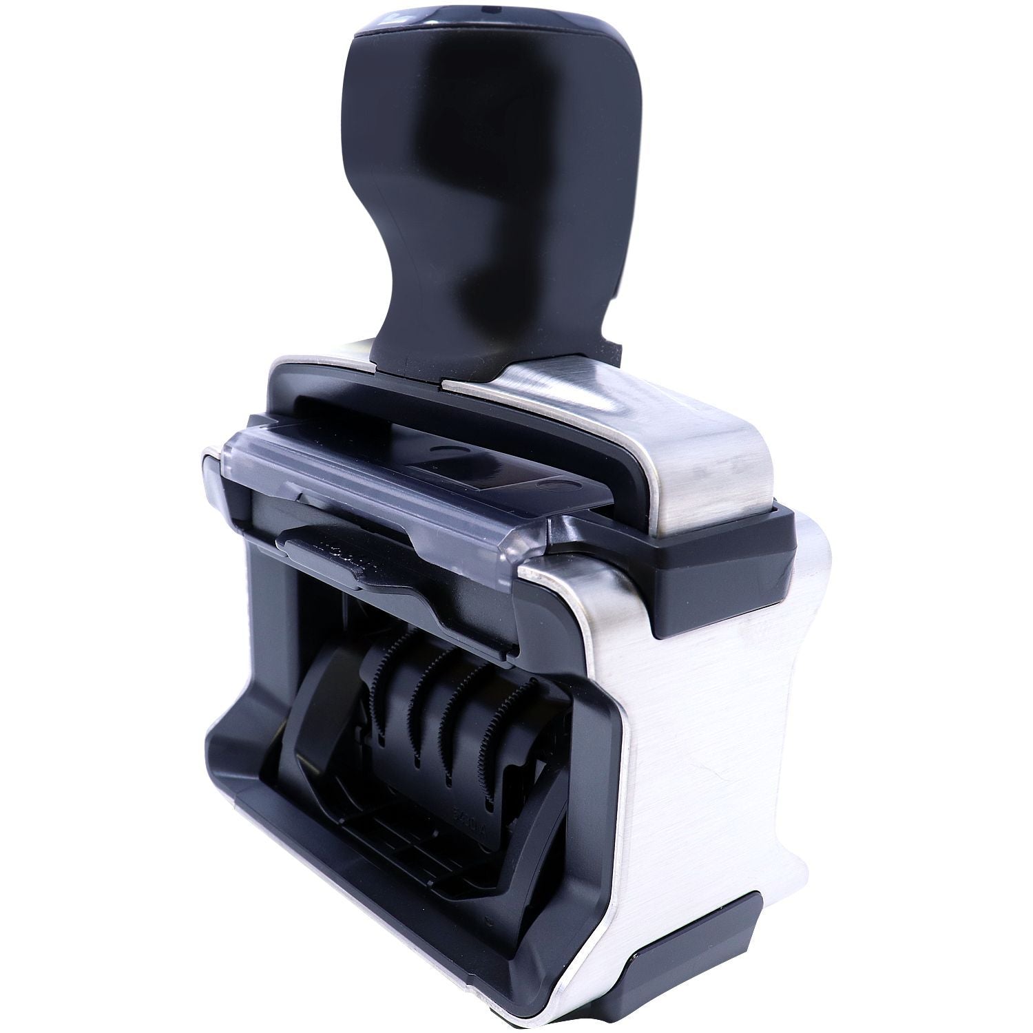 Close-up of a heavy-duty self-inking office stamp with black handle and silver metal body on a white background.