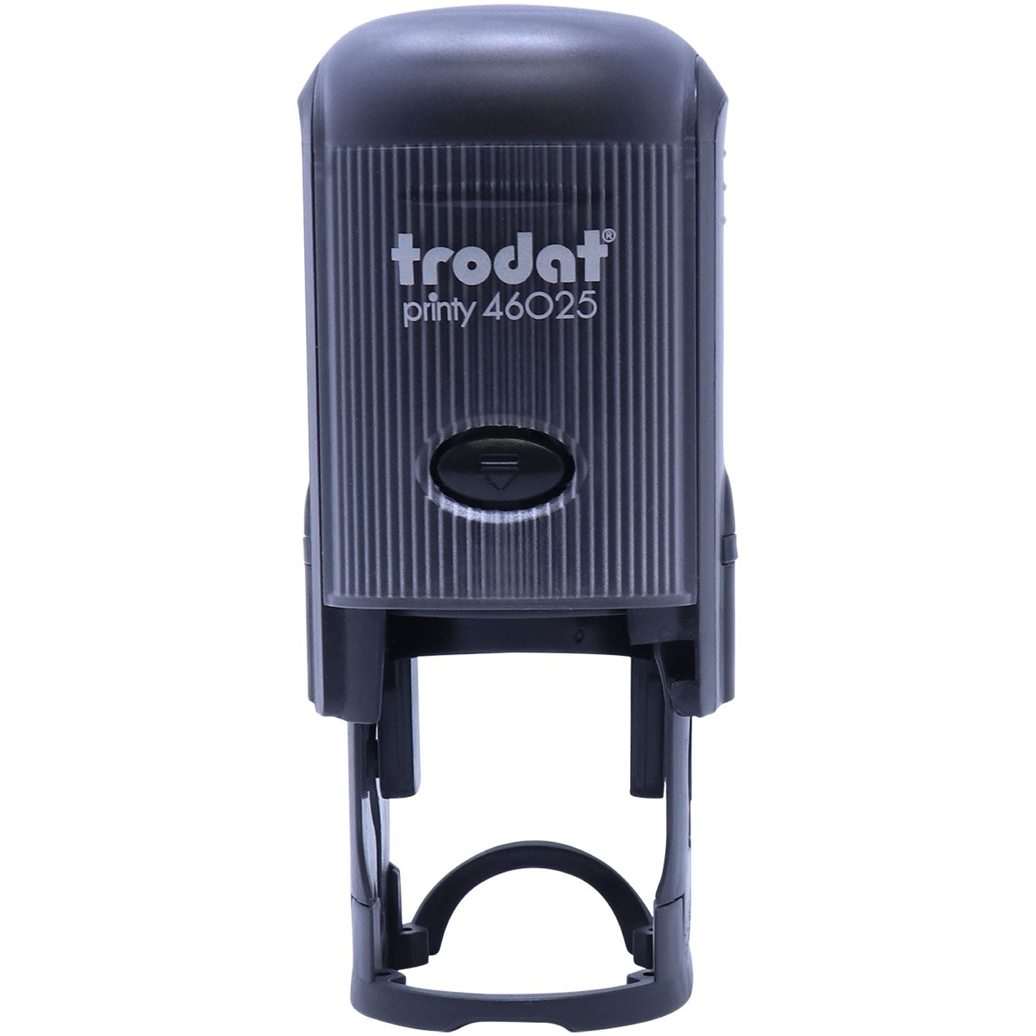 Trodat Printy 46025 self-inking stamp in black plastic casing, office rubber stamp tool on white background