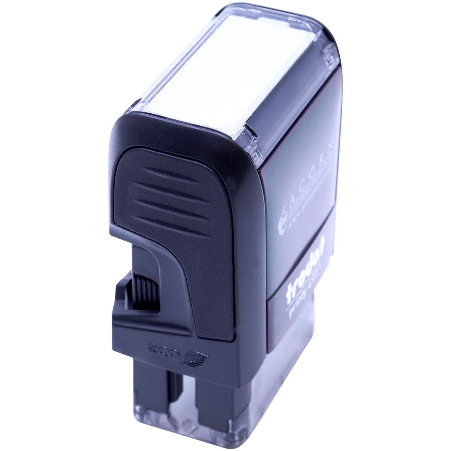 Compact black office stapler with transparent cover, isolated on white background.