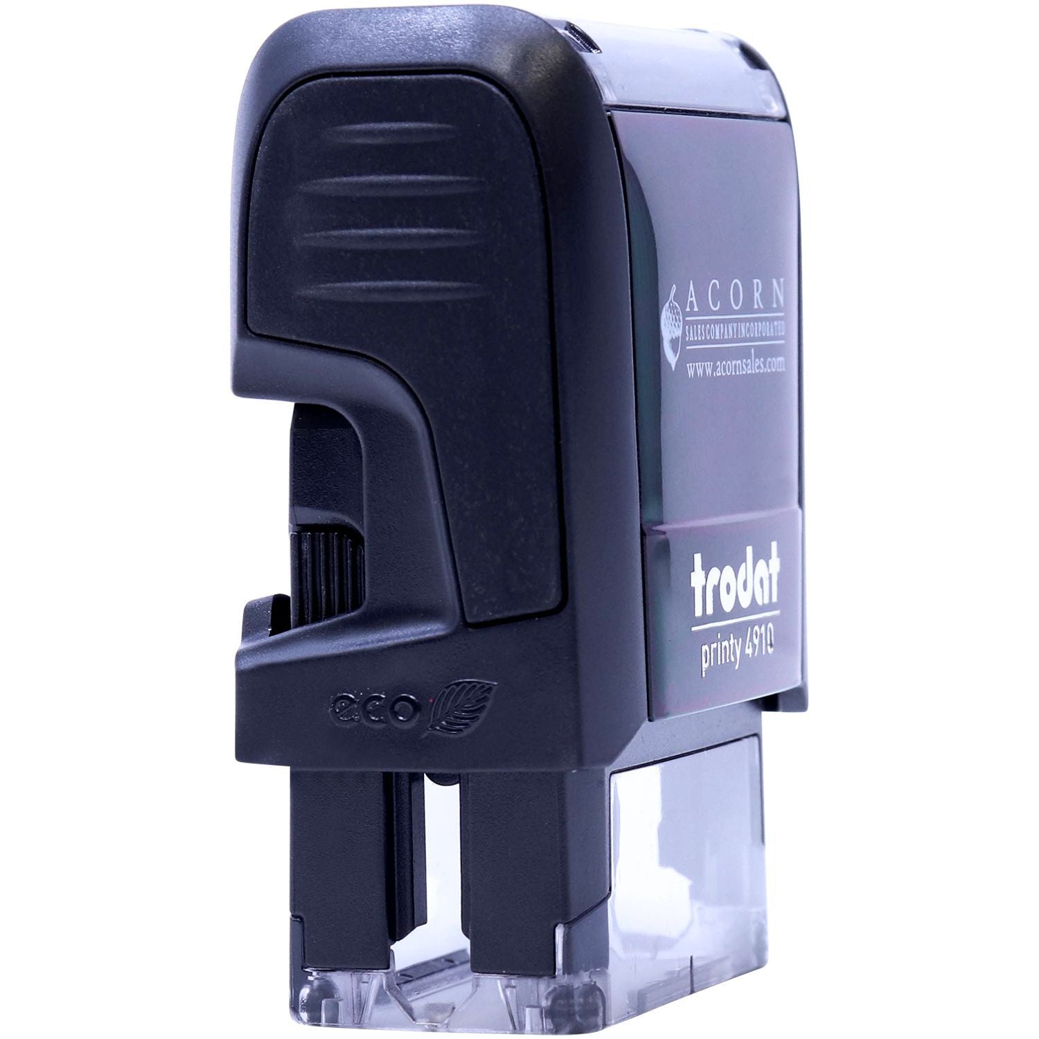Black Trodat Printy 4910 self-inking custom rubber stamp with Acorn Sales branding on a white background.