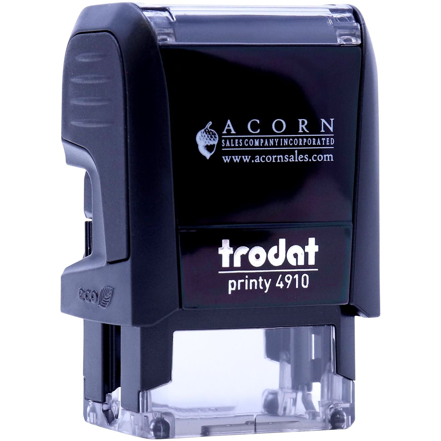 Black Trodat Printy 4910 self-inking custom stamp with Acorn Sales Company logo and text on clear white background