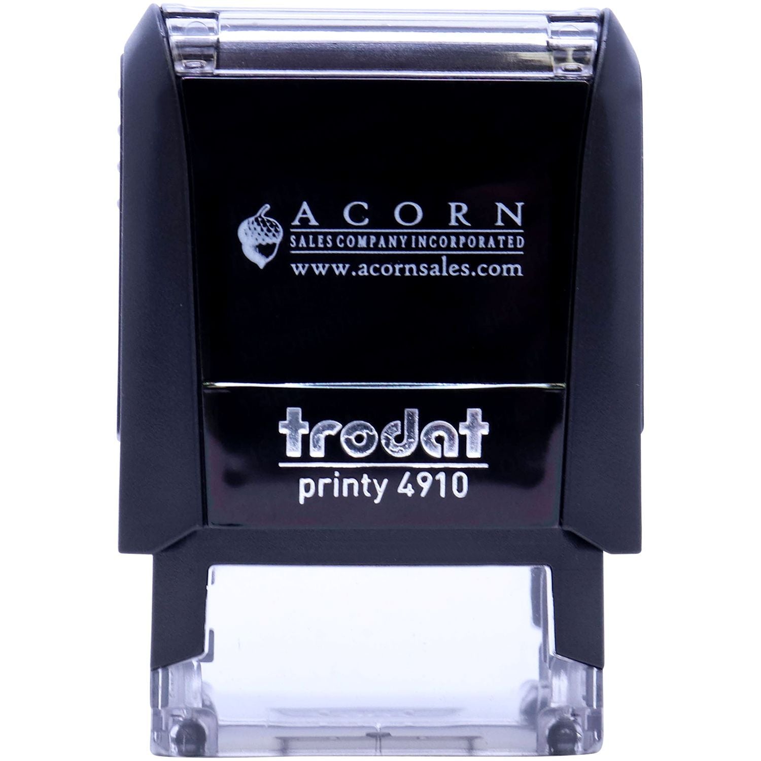 Trodat Printy 4910 self-inking rubber stamp with Acorn Sales Company logo on a black and clear stamp body.