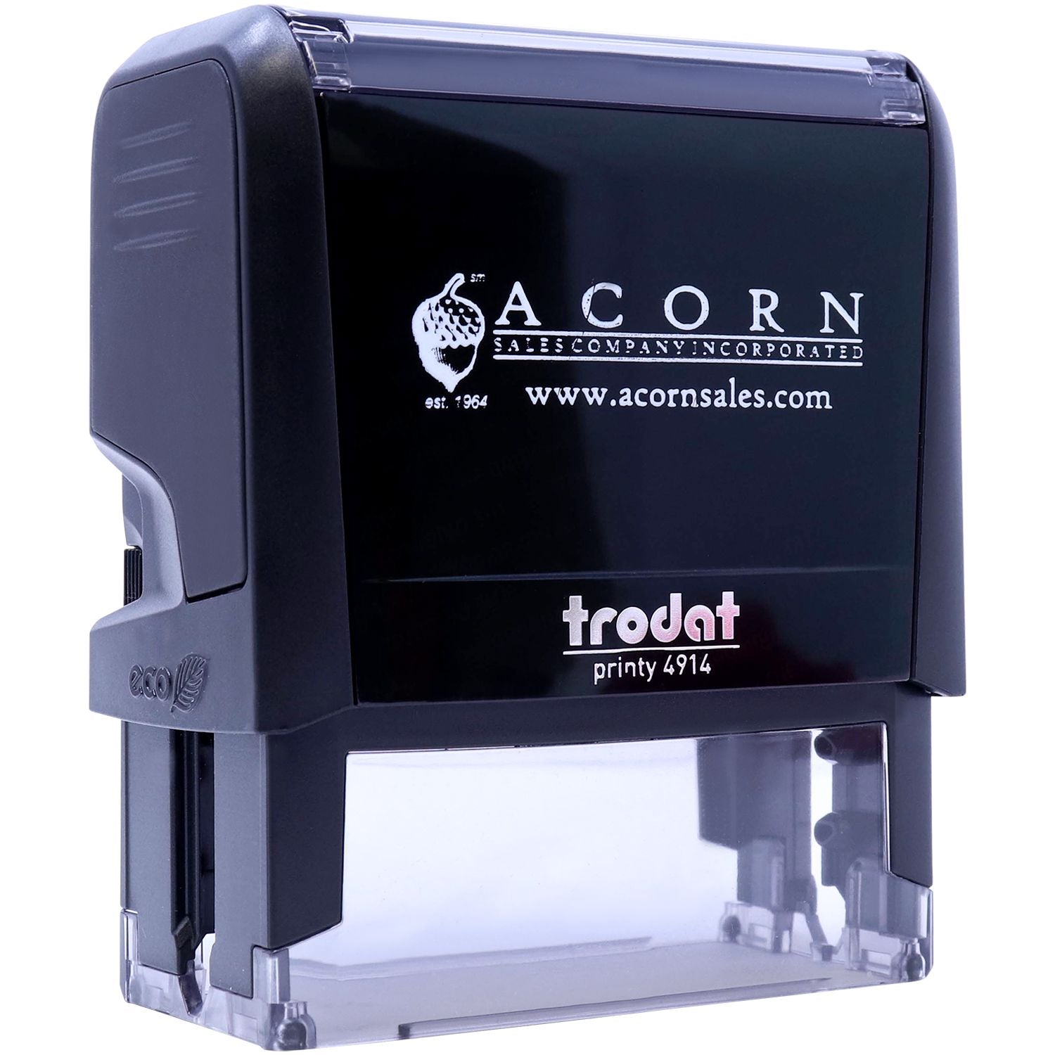 Trodat Printy 4914 self-inking stamp by Acorn Sales Company, black eco-friendly custom rubber stamp with clear base.