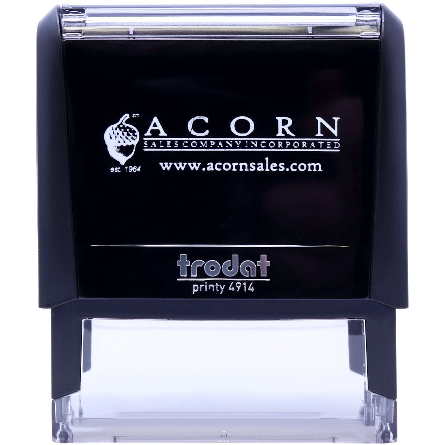 Black Trodat Printy 4914 self-inking custom stamp with Acorn Sales Company logo and website imprint