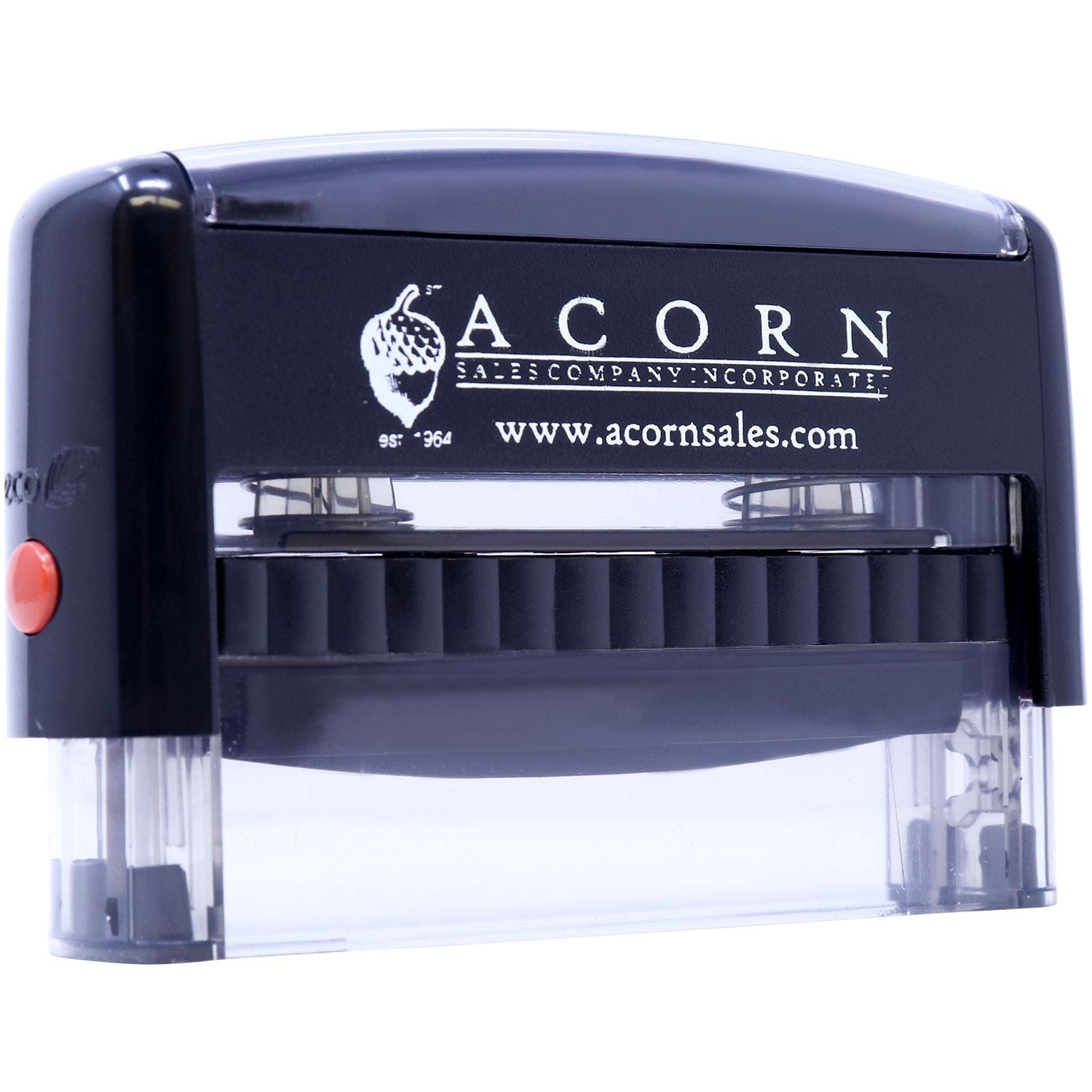 Acorn self-inking corporate stamp with black and transparent housing on a white background.