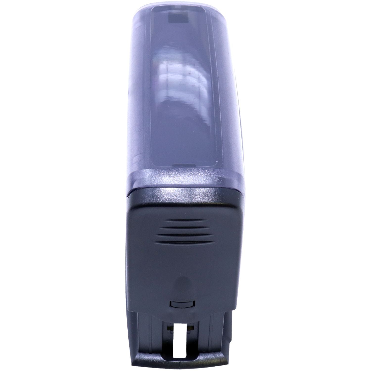 Black automatic soap dispenser with translucent refillable tank, wall-mounted design, isolated on white background