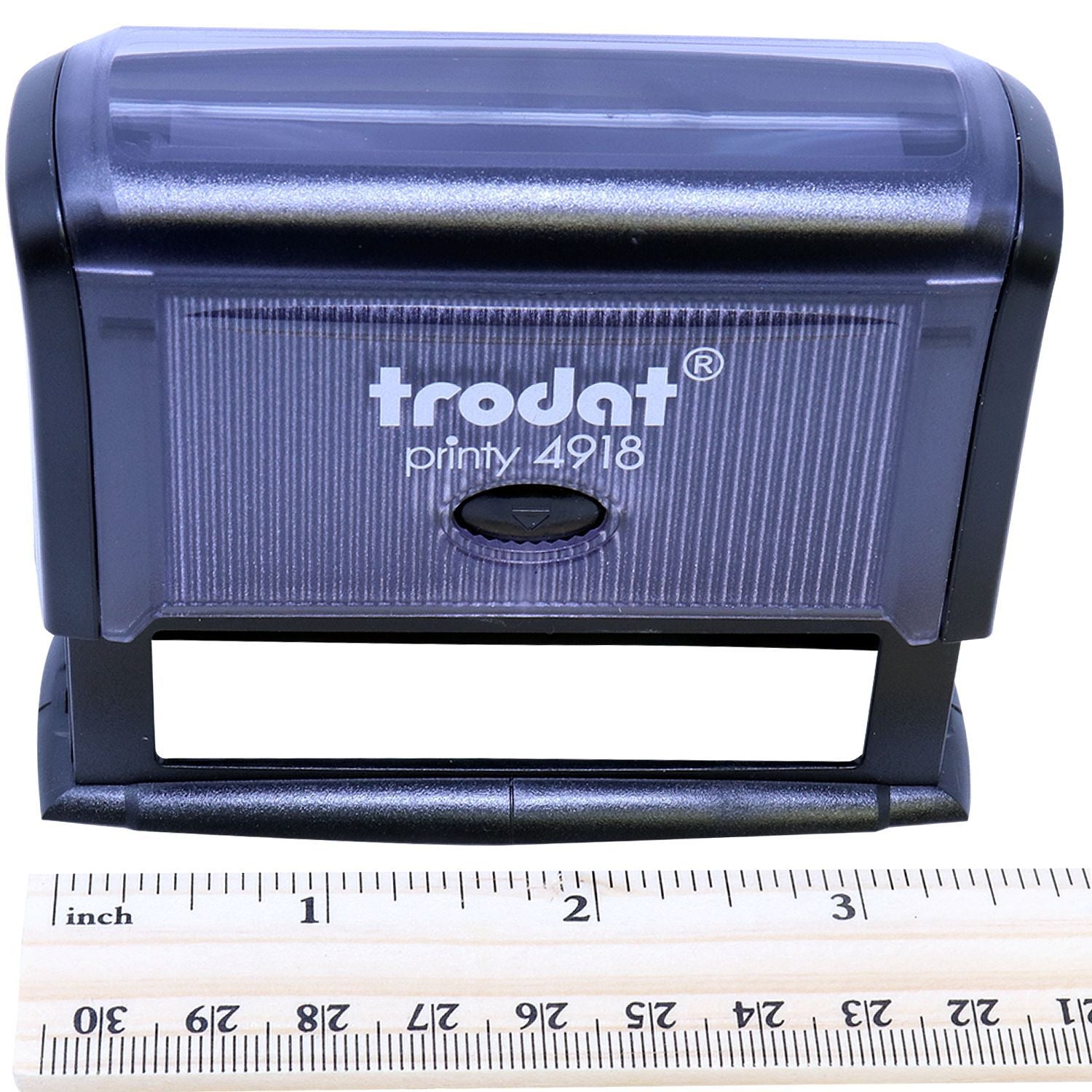 Trodat Printy 4918 self-inking stamp with ruler for size reference, black and transparent design