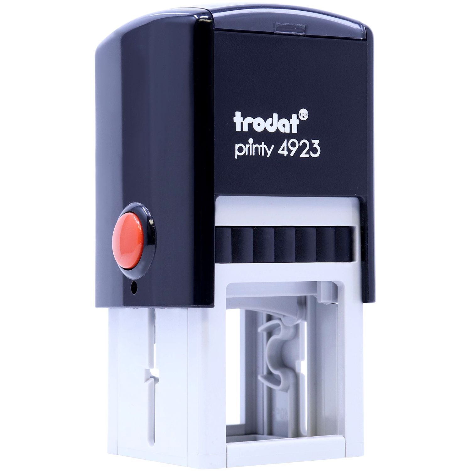 Trodat Printy 4923 self-inking rubber stamp in black and white with red button on a white background