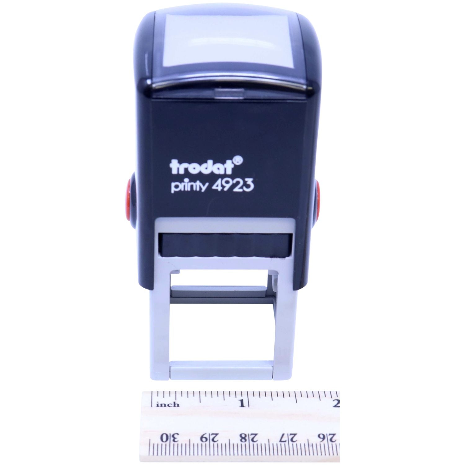 Trodat Printy 4923 self-inking stamp with size ruler on white background