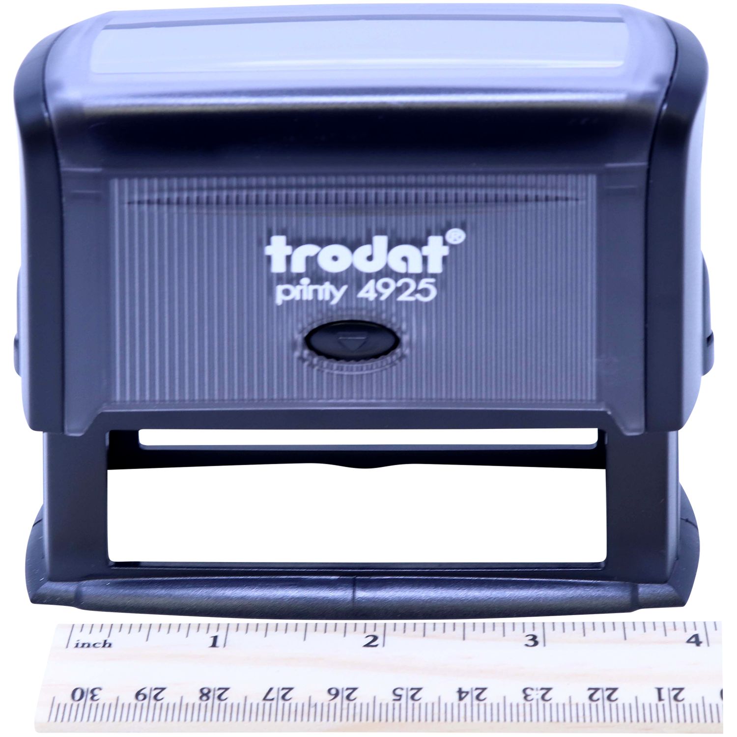 Trodat Printy 4925 self-inking rubber stamp with ruler for size reference, black office stamp tool.