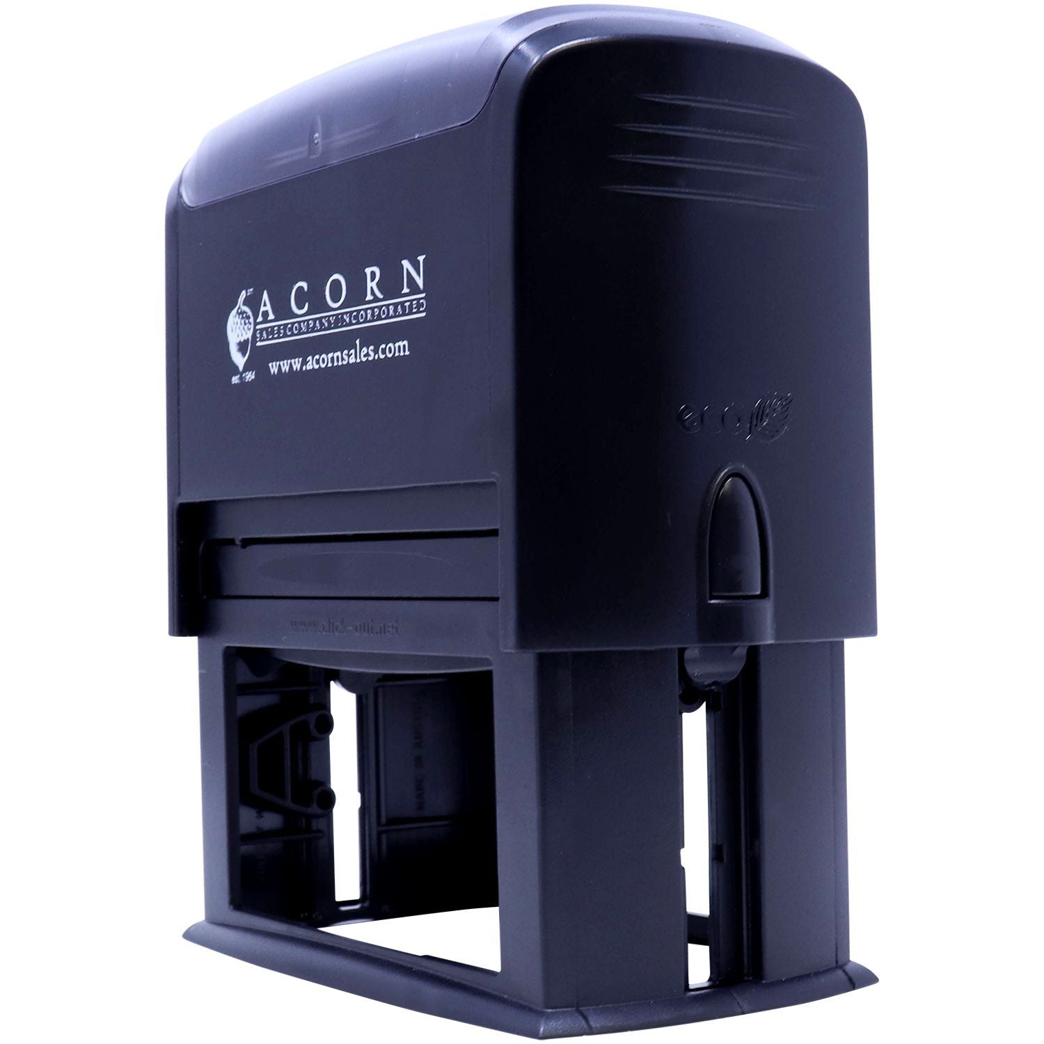 Black Acorn self-inking rubber stamp dispenser, isolated on white background