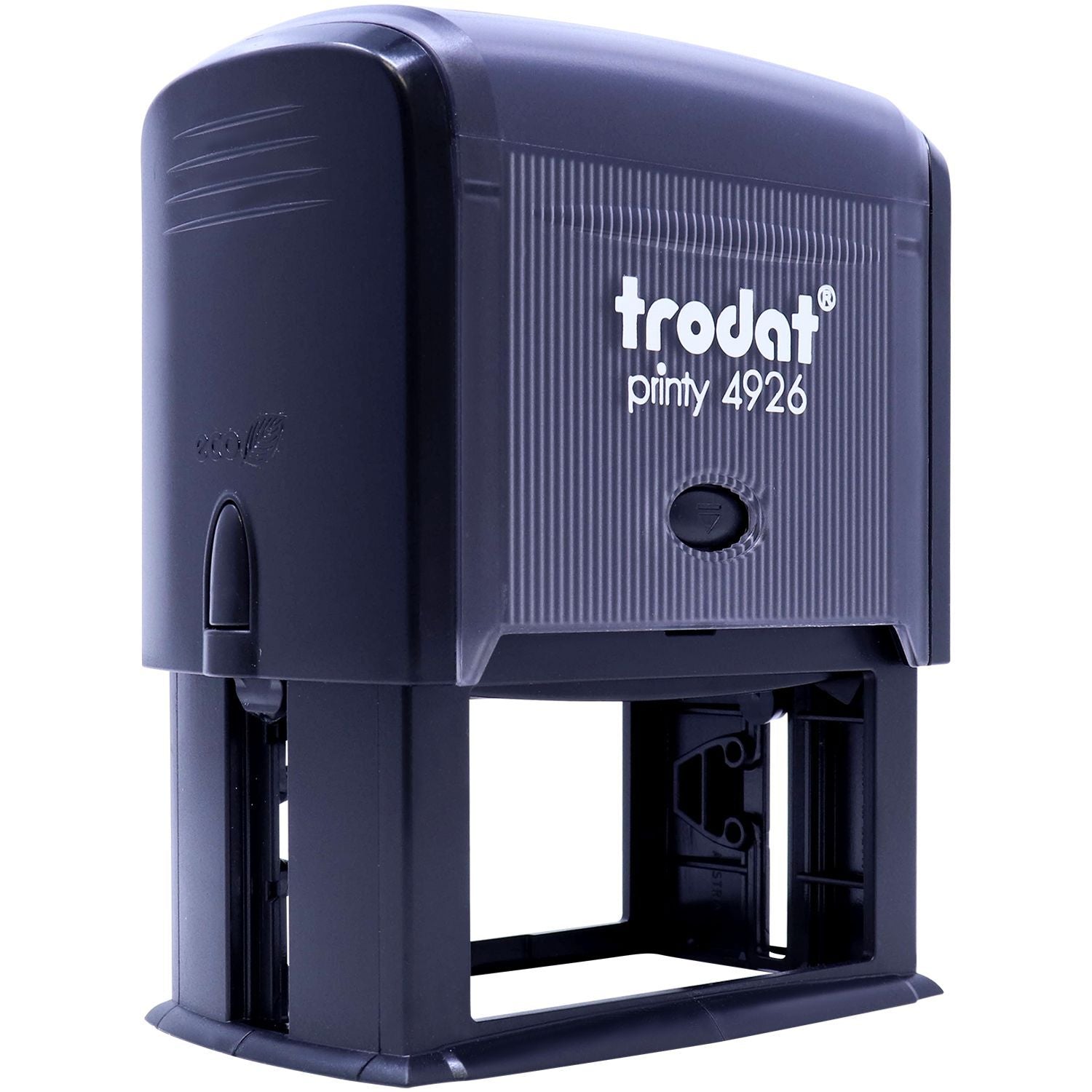 Trodat Printy 4926 black self-inking rubber stamp with open frame design