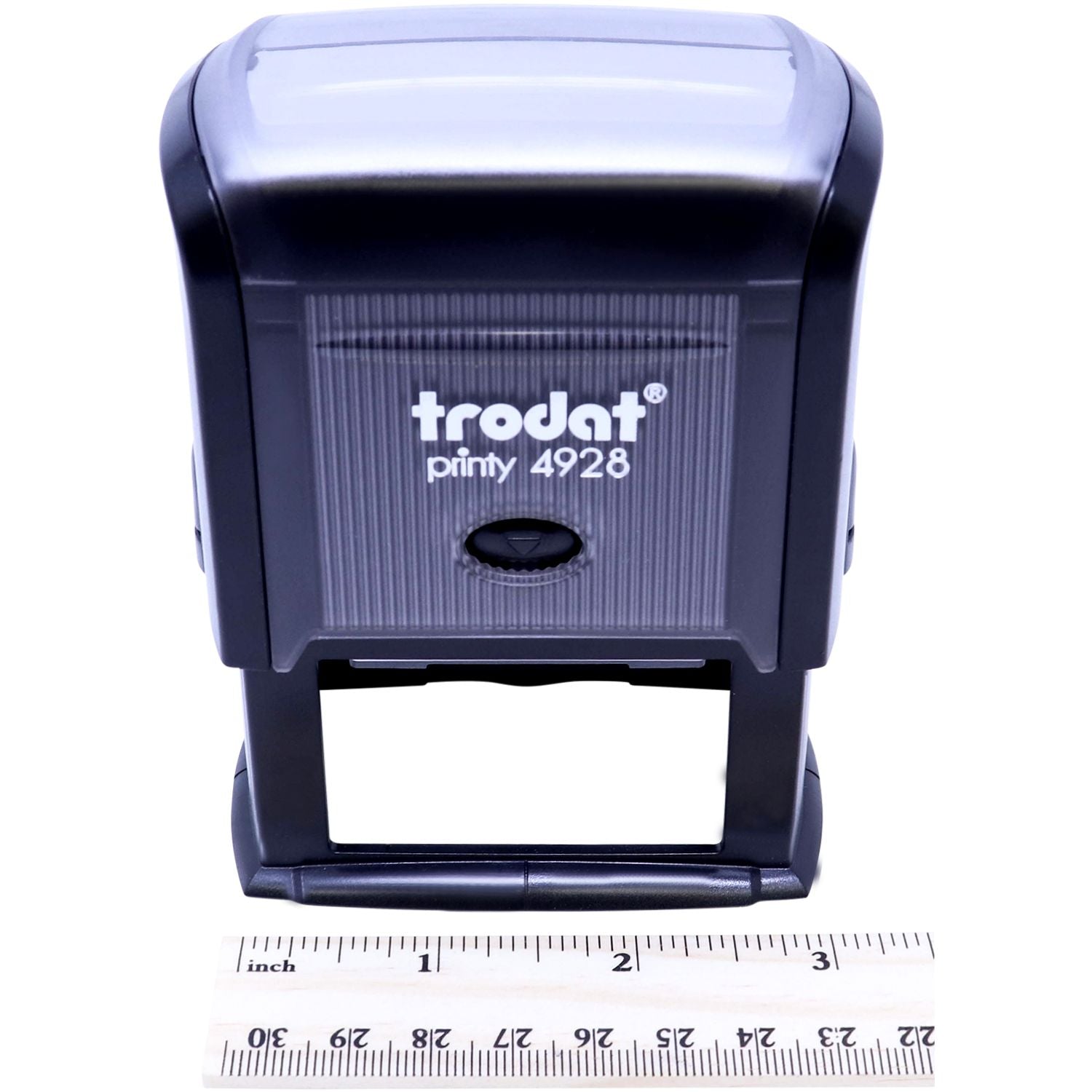 Trodat Printy 4928 self-inking stamp with ruler scale on white background