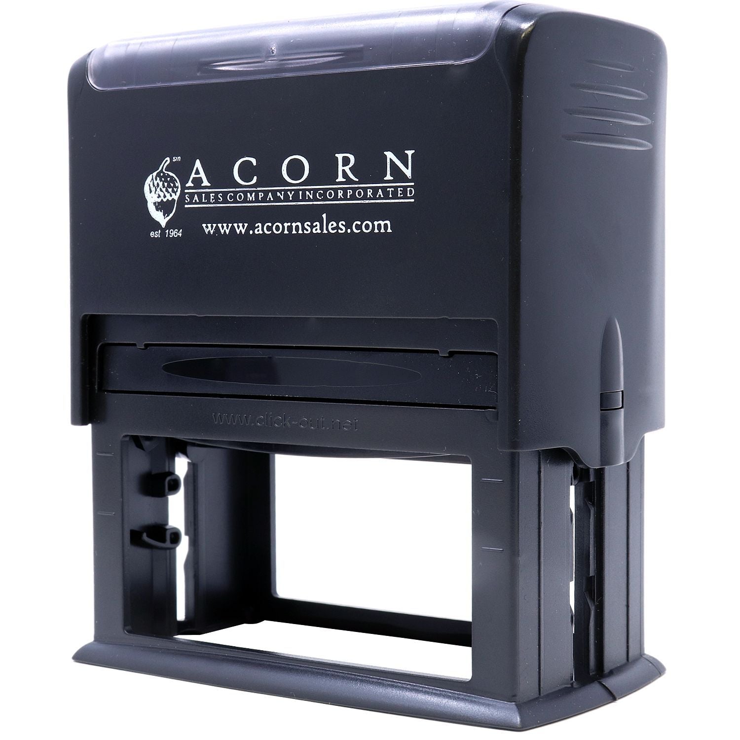 Black Acorn Sales self-inking stamp with custom logo and website branding on a white background
