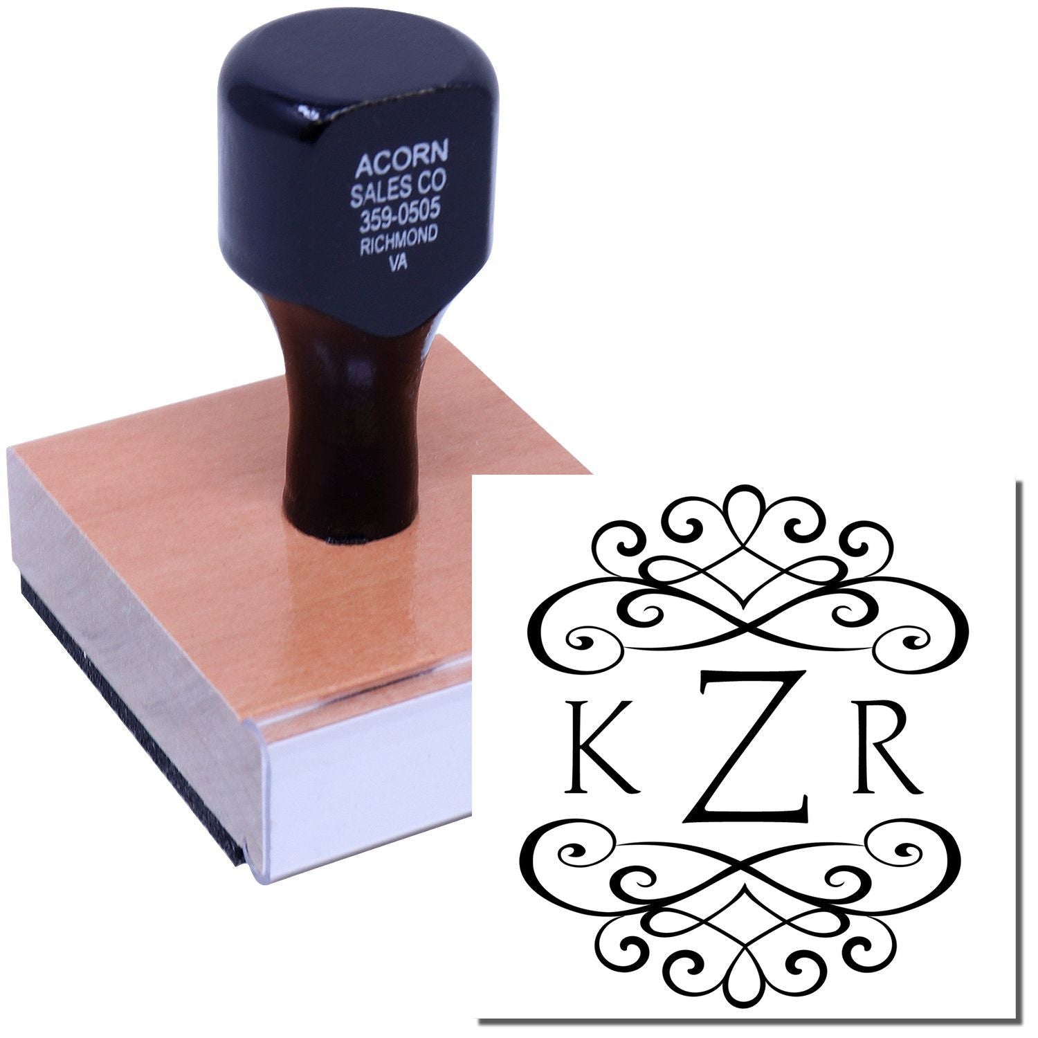Acorn Sales Co custom address stamp showing decorative initials 'KZR' on wood block for quick mail marking, Richmond VA.