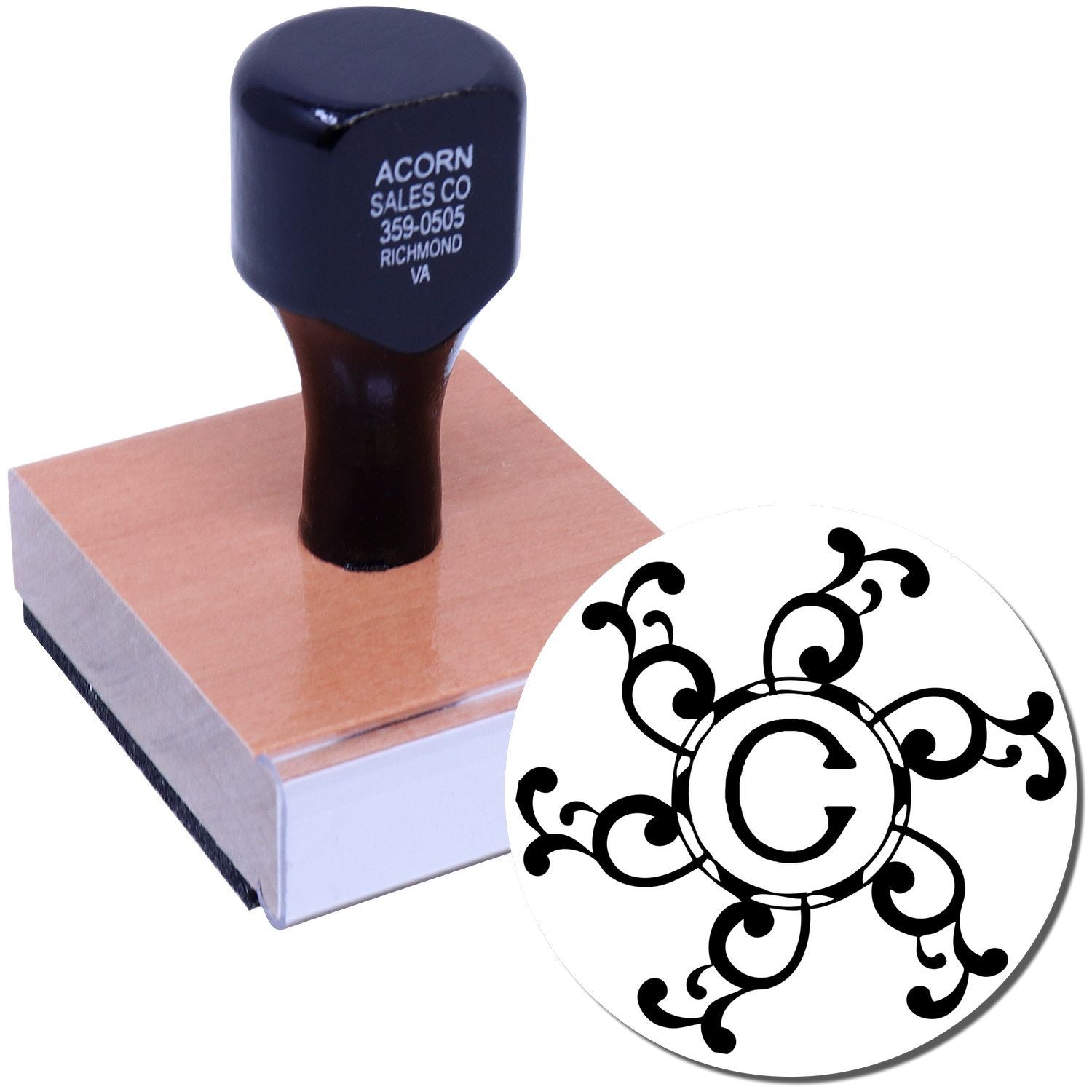 Navy ink stamp head labeled Acorn Sales Co 359-0505 Richmond VA, used to imprint product branding marks.