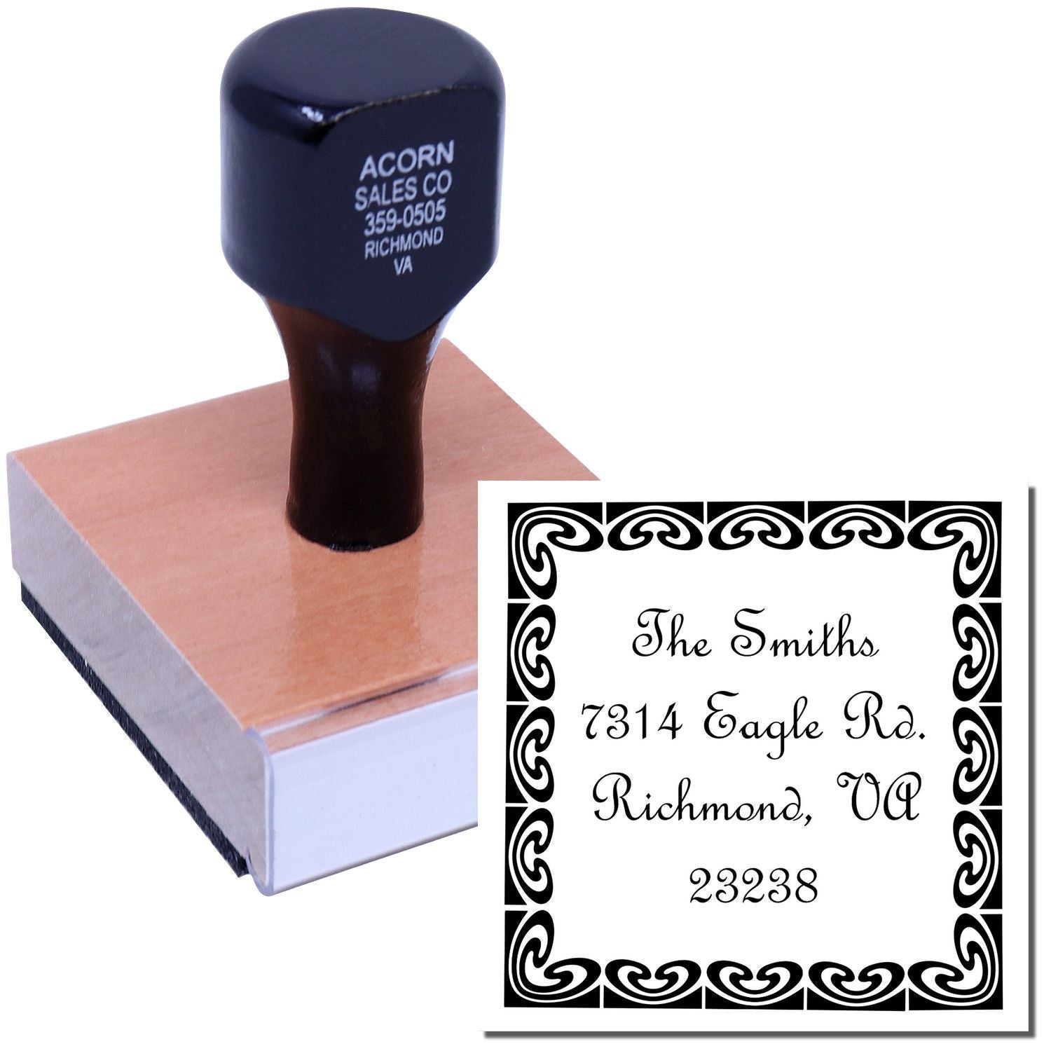 Blue address stamp and printed mailing label for The Smiths, 7314 Eagle Rd, Richmond, VA 23238 from Acorn Sales Co address stamp