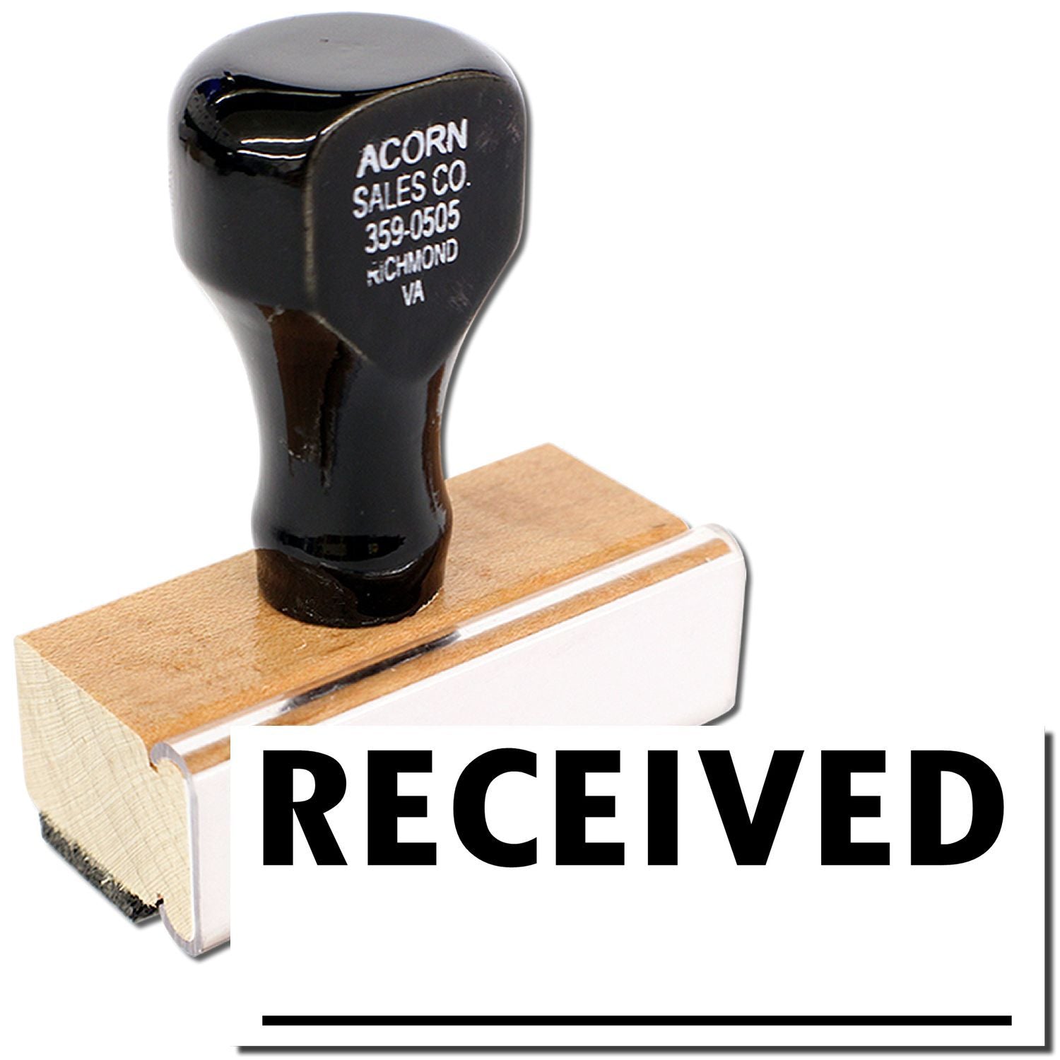 Black self-inking RECEIVED rubber stamp with wooden handle, isolated on white background.