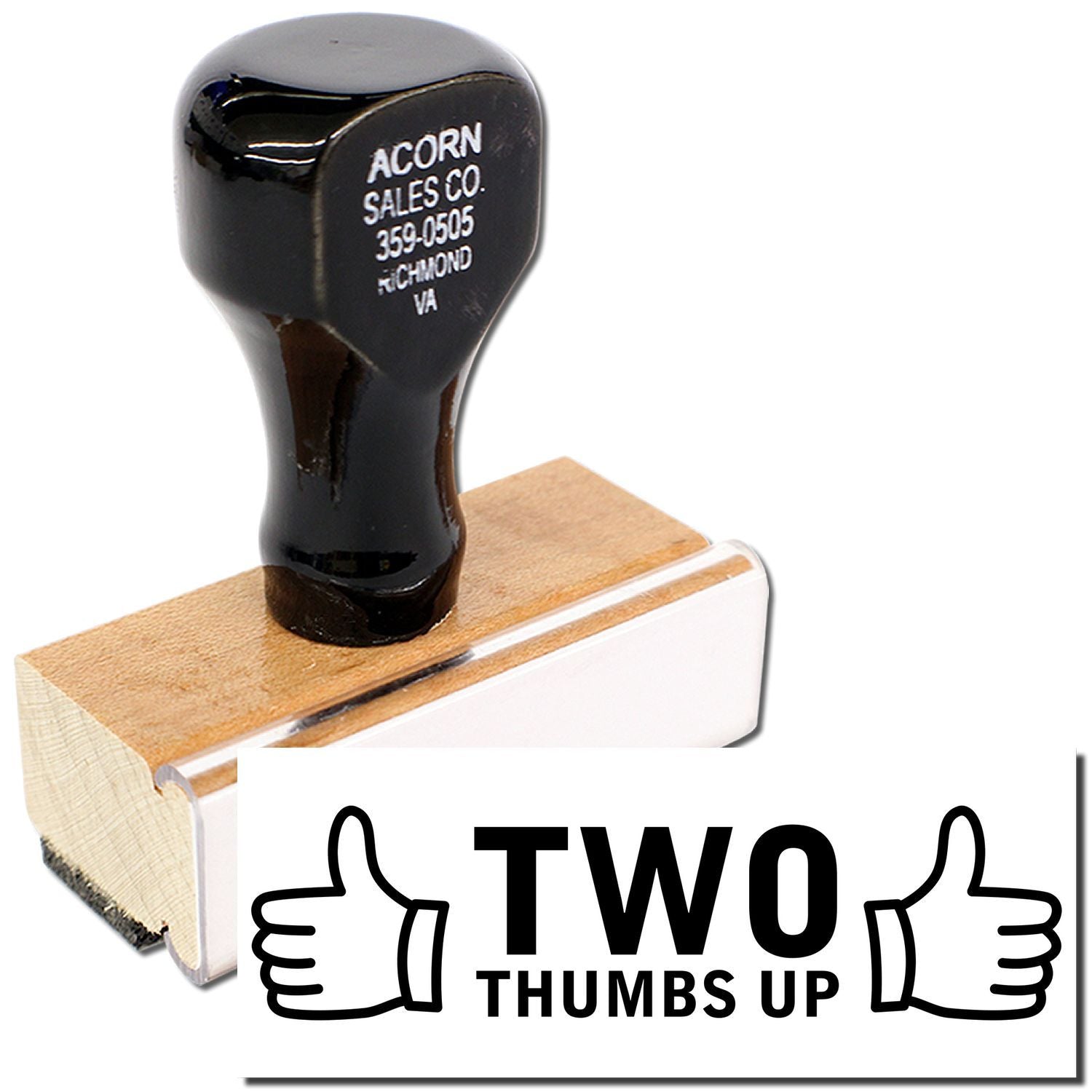 Custom self-inking rubber stamp with Two Thumbs Up design and Acorn Sales Co. branding on a wooden handle.
