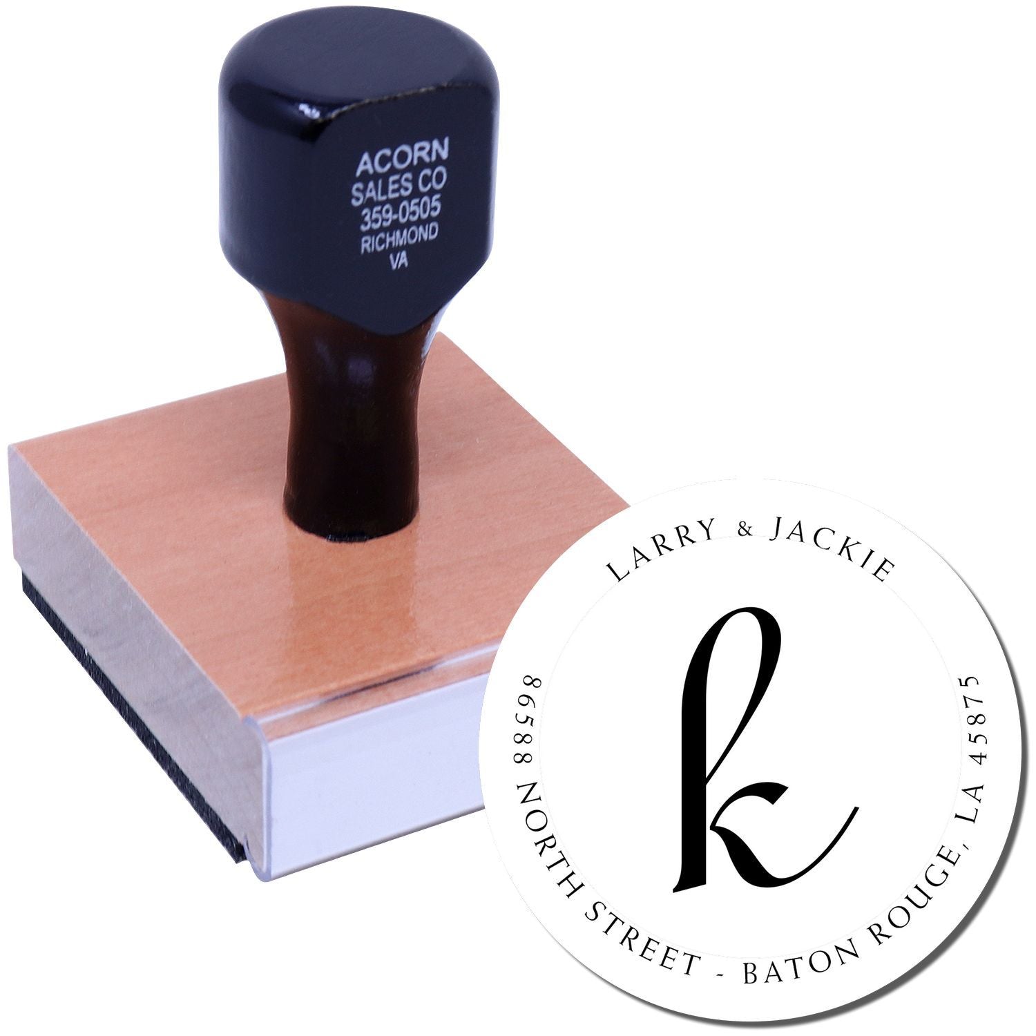 Blue custom rubber stamp with Acorn Sales Co handle and circular Larry & Jackie address label for print orders