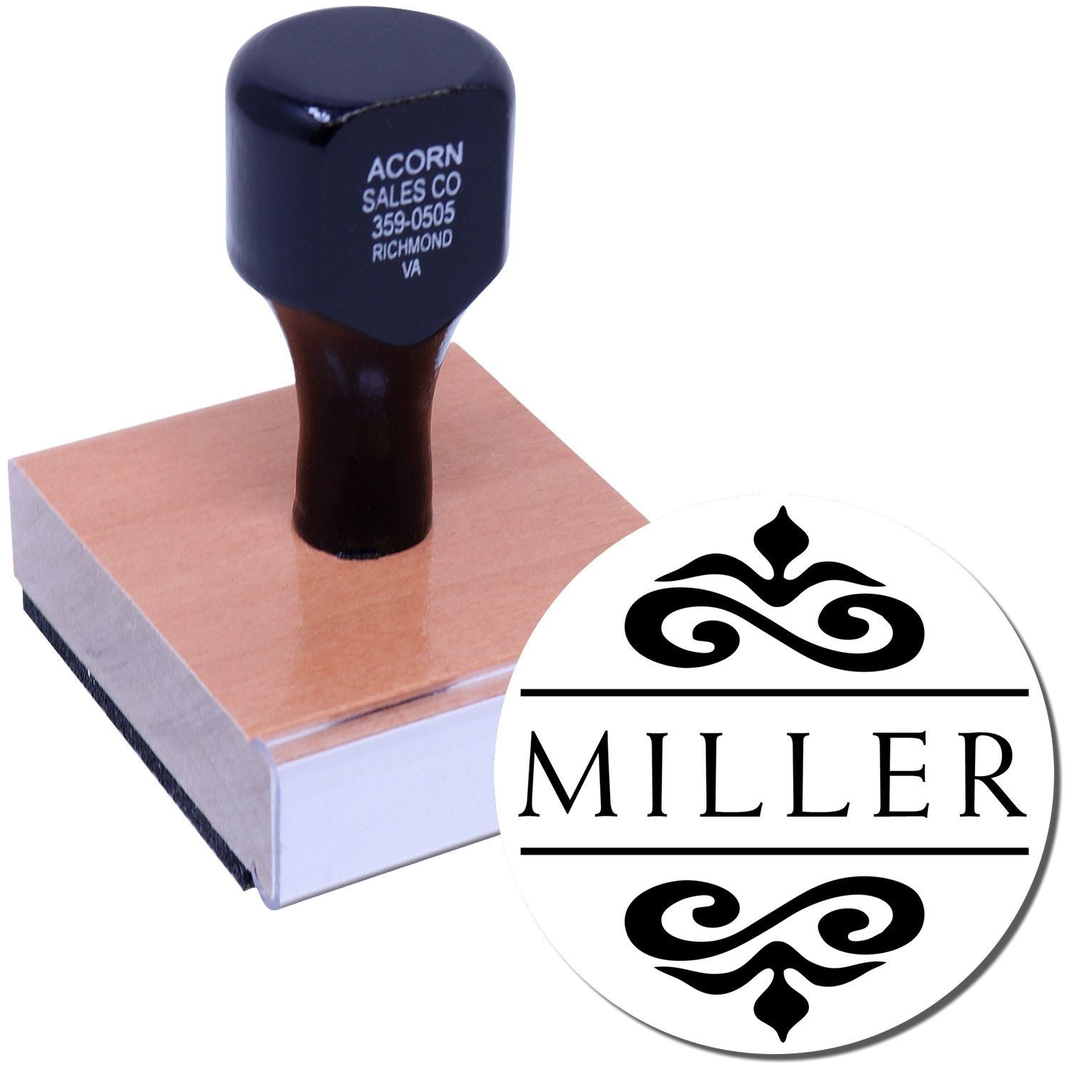 Blue rubber stamp labeled Acorn Sales Co imprinting the Miller logo for branded labeling on packaging, products, and shipping supplies.