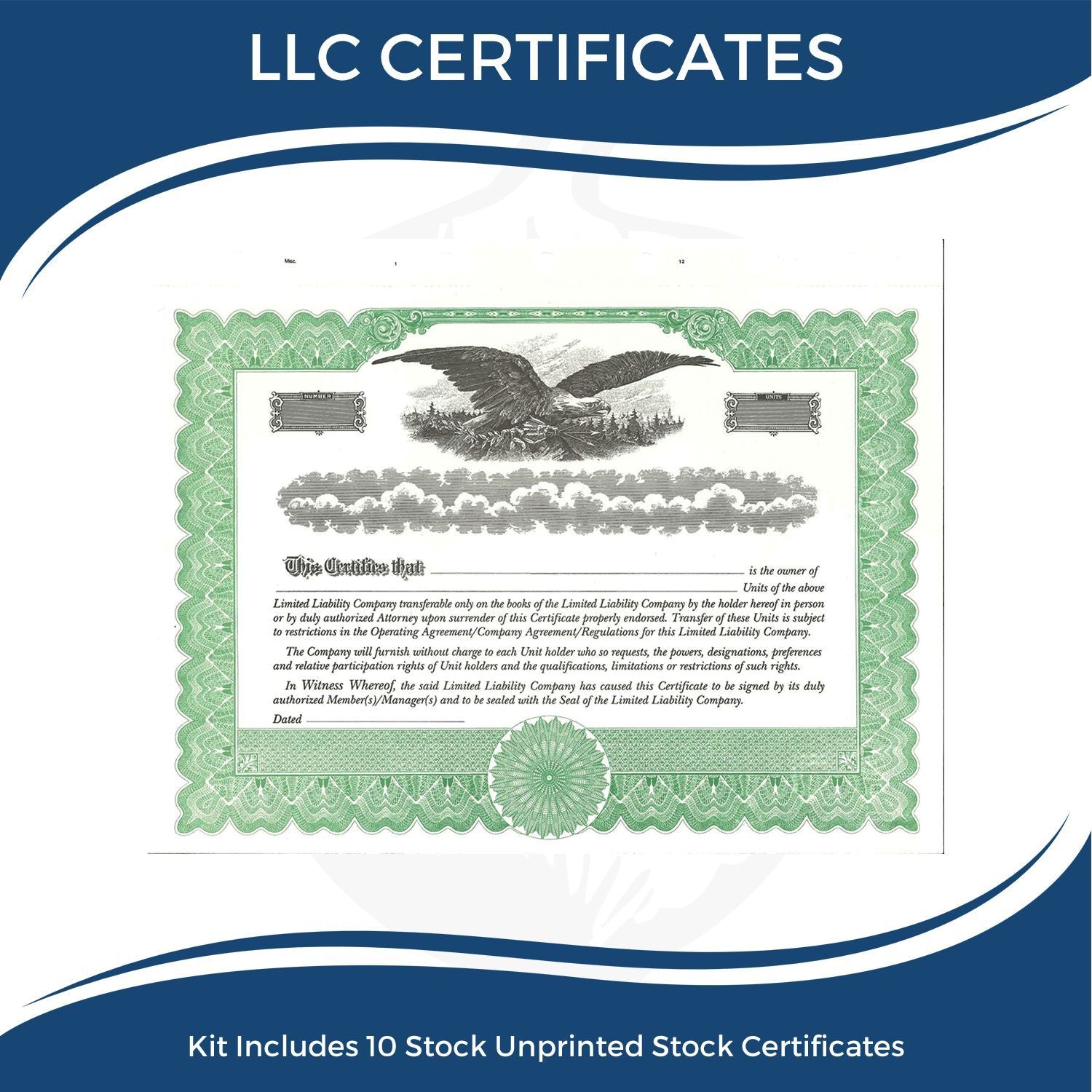 LLC certificates kit with 10 unprinted stock certificates and decorative certificate template design.