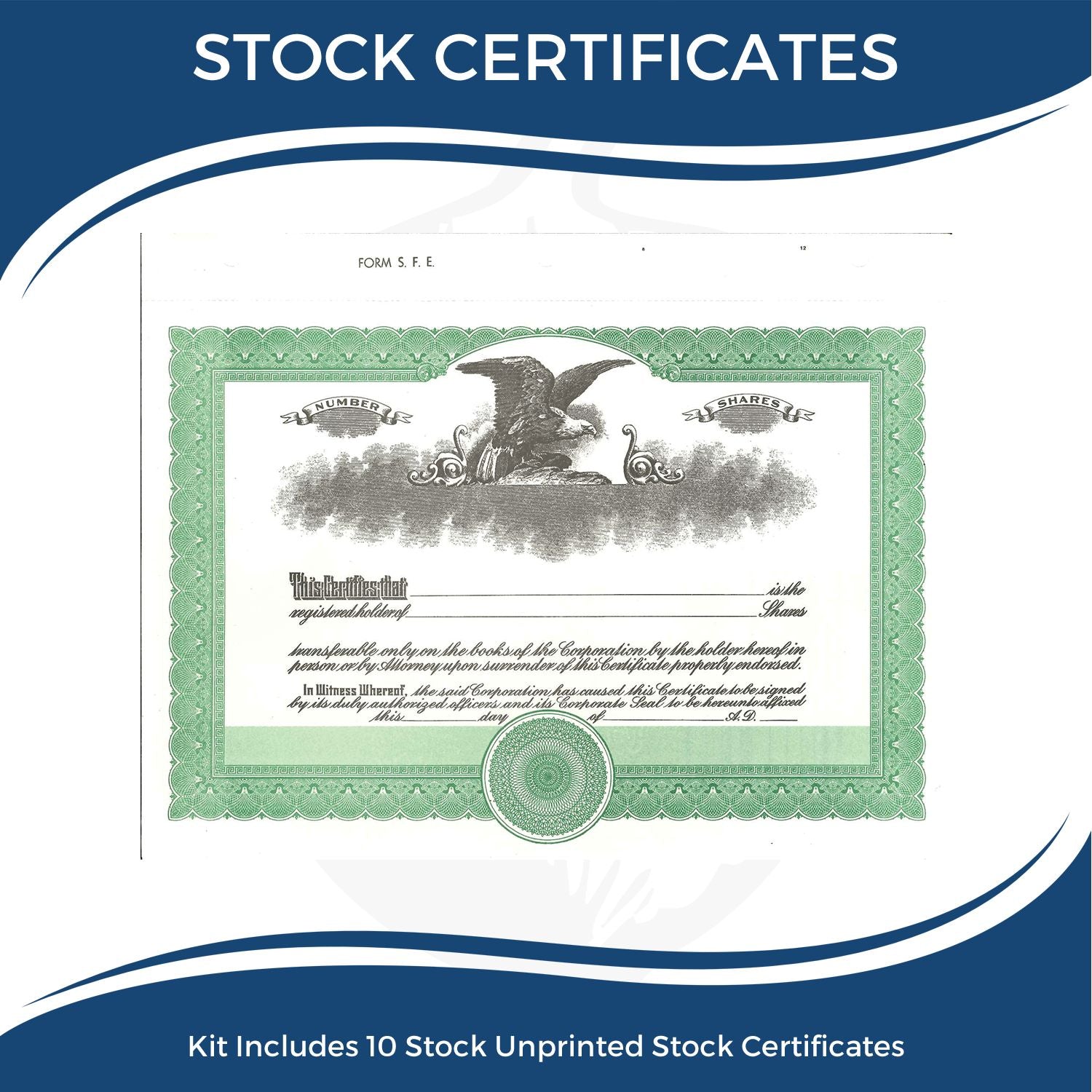 Stock certificates kit with 10 unprinted vintage-style green stock certificates featuring an eagle emblem and ornate corporate document design.