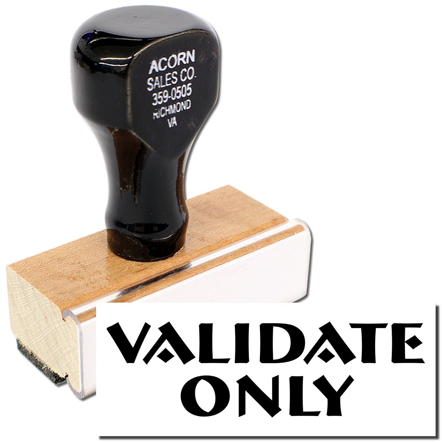 Black Validate Only rubber stamp with wooden base and handle for office or retail use